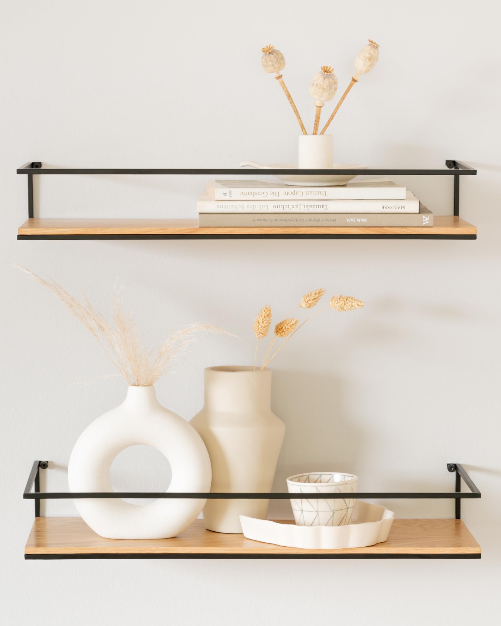 Kazai. Lot d'Étagères Murales -STENN- | Tablettes Murales en Métal et Bois Véritable Placage | Étagères Flottantes pour Salle de Bain, Salon, Cuisine, Chambre et Plus | Chêne