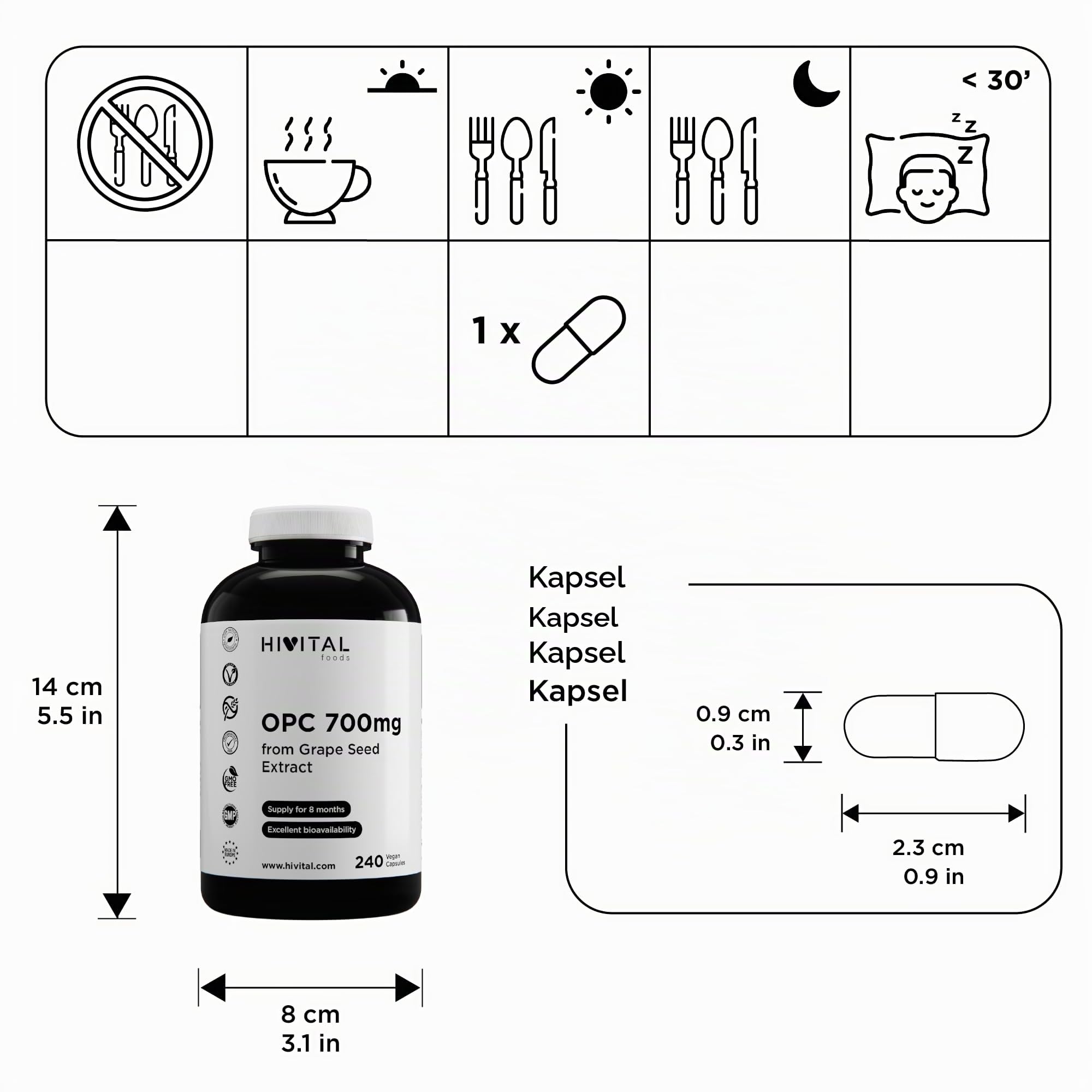 OPC Traubenkernextrakt 700 mg. 240 vegane Kapseln für 8 Monate Kur. Traube Seed Extract 99% OPC. Hergestellt von HIVITAL