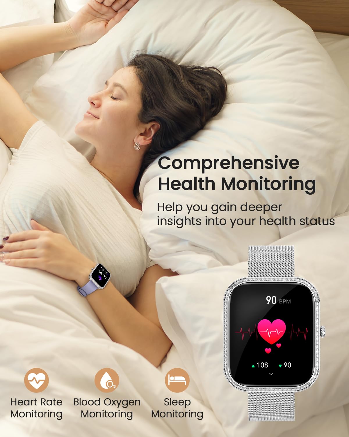 BANLVS Smartwatch Donna con Chiamate, 1,75” Orologio Fitness con 270 Quadranti, 130 Sport, Smart Watch Fisiologia Femminile SpO2 Cardiofrequenzimetro Sonno Android iOS Argento Regalo Natale Donna