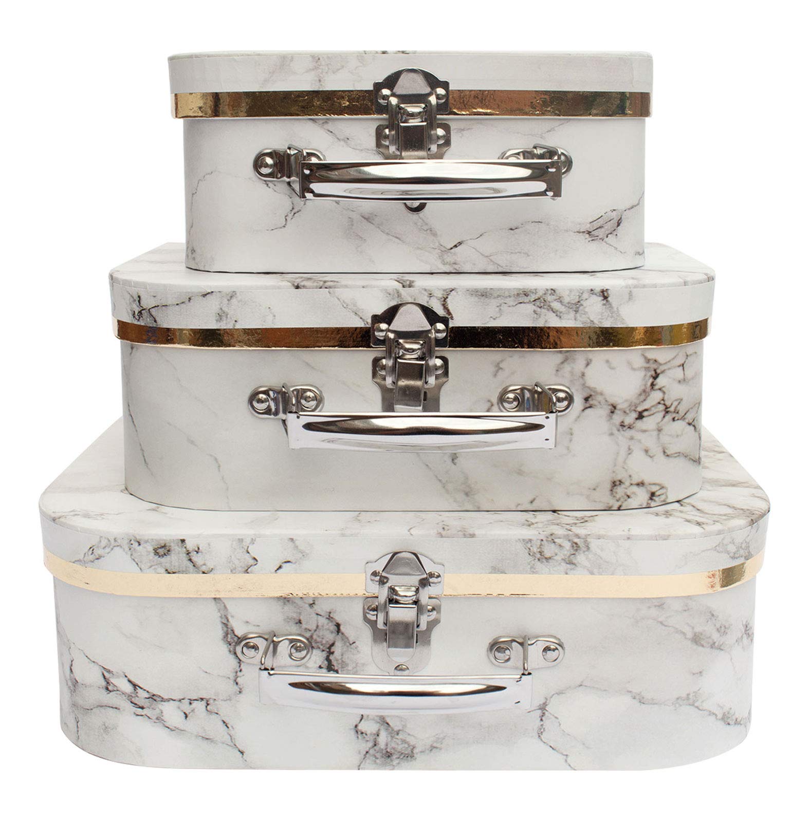 Emartbuy Set of 3 Rigid Luxury Presentation, Suitcase Gift Storage Box, White Marble Print, White Interior with Metal Handle and Clasp