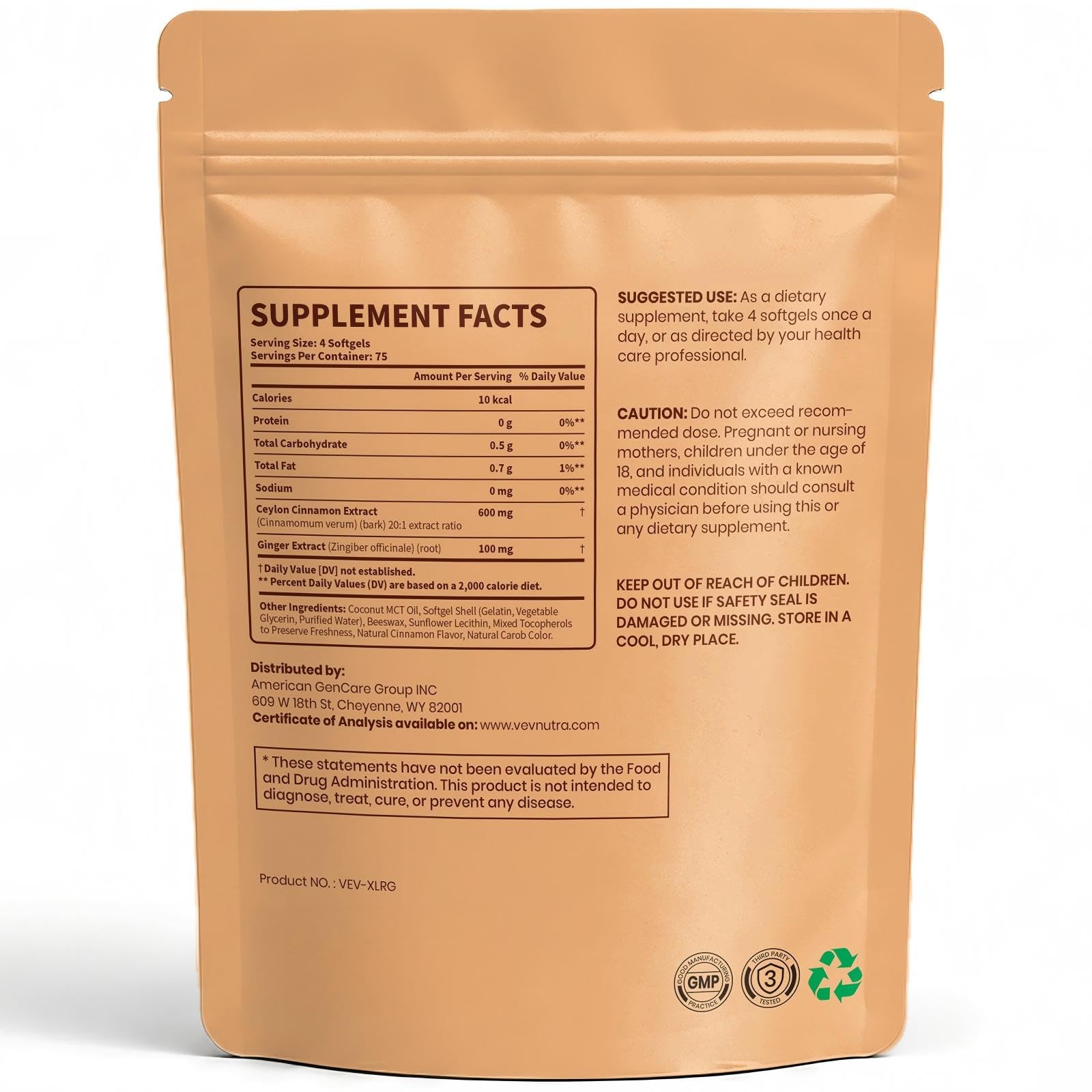 VEV Ceylon Cinnamon with MCT Oil & Ginger, 20:1 Extract, 300 Mini Softgels — Amazon image 2