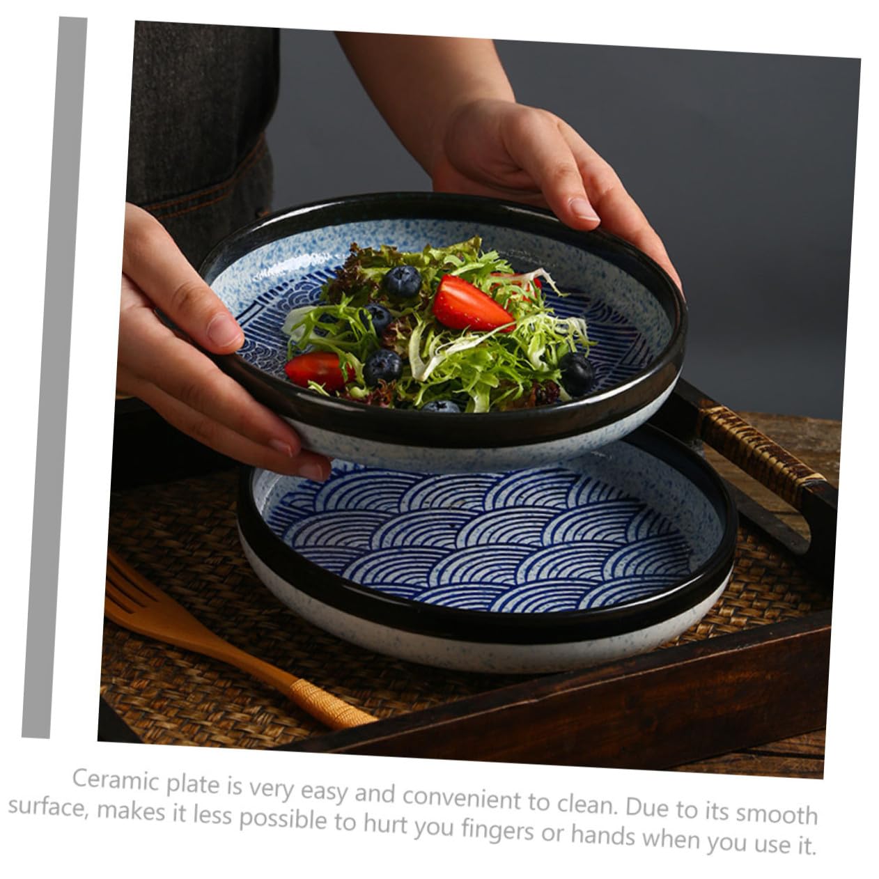 POPETPOP Assiette Creuse en Céramique Bleu Style Japonerie Vintage, Plat Pratique et Facile à Nettoyer pour Servir Repas et Snacks la Maison