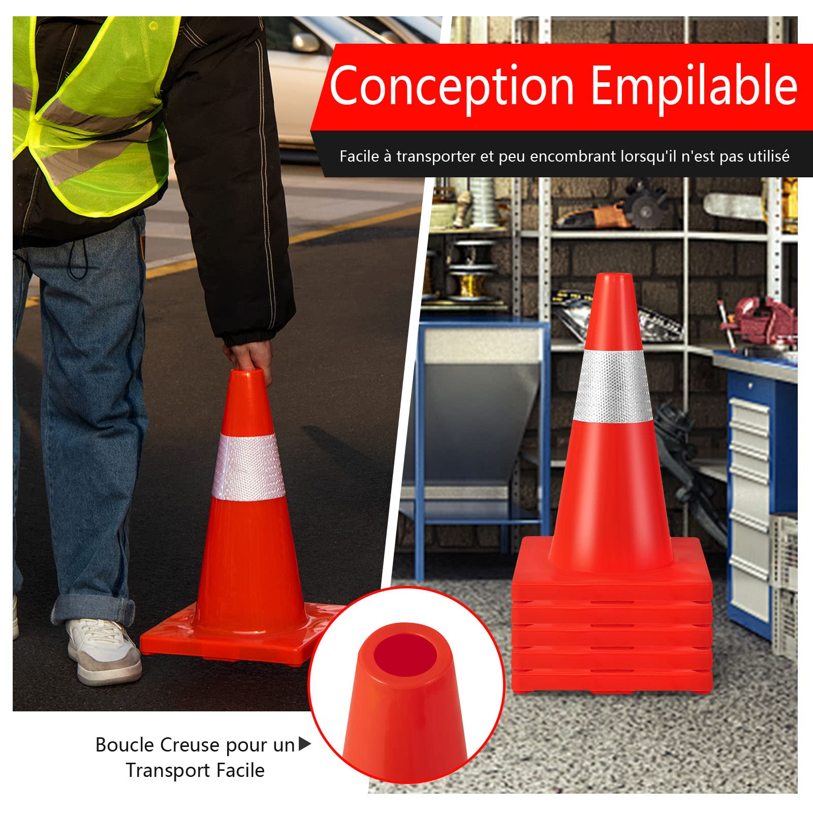 GYMAX Lot de 12 Cônes de Signalisation en PVC 43 CM, Cônes de Sécurité Routière avec Bande Réfléchissante, Gilet de Sécurité et Base Lestée, Cônes de Chantier pour Gestion du Trafic, Stationnement