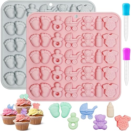 Paquete de 2 moldes de silicona para bebés, moldes de silicona para chocolate con moldes de pies de bebé, botella, moldes de oso para decoración de