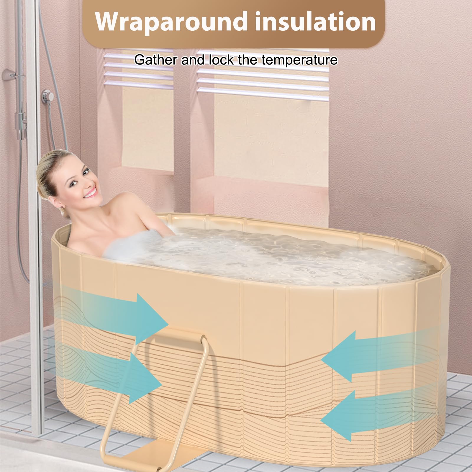 Vinteky Baignoire pliable adulte 123x52x53cm,Baignoire portable pliable avec 2 panneaux de support latéraux,2 trous de drainage,pour adultes,baignoires pour Intérieur/Extérieur (Doré)