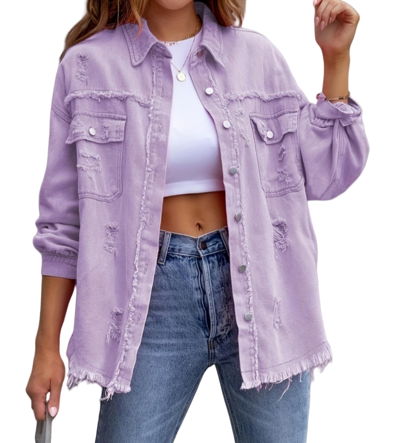 Simier Fariry Women's Oversized Ripped Biker Denim Jacket Long Sleeve Button Jean Coat Street Outerwear L Lavender