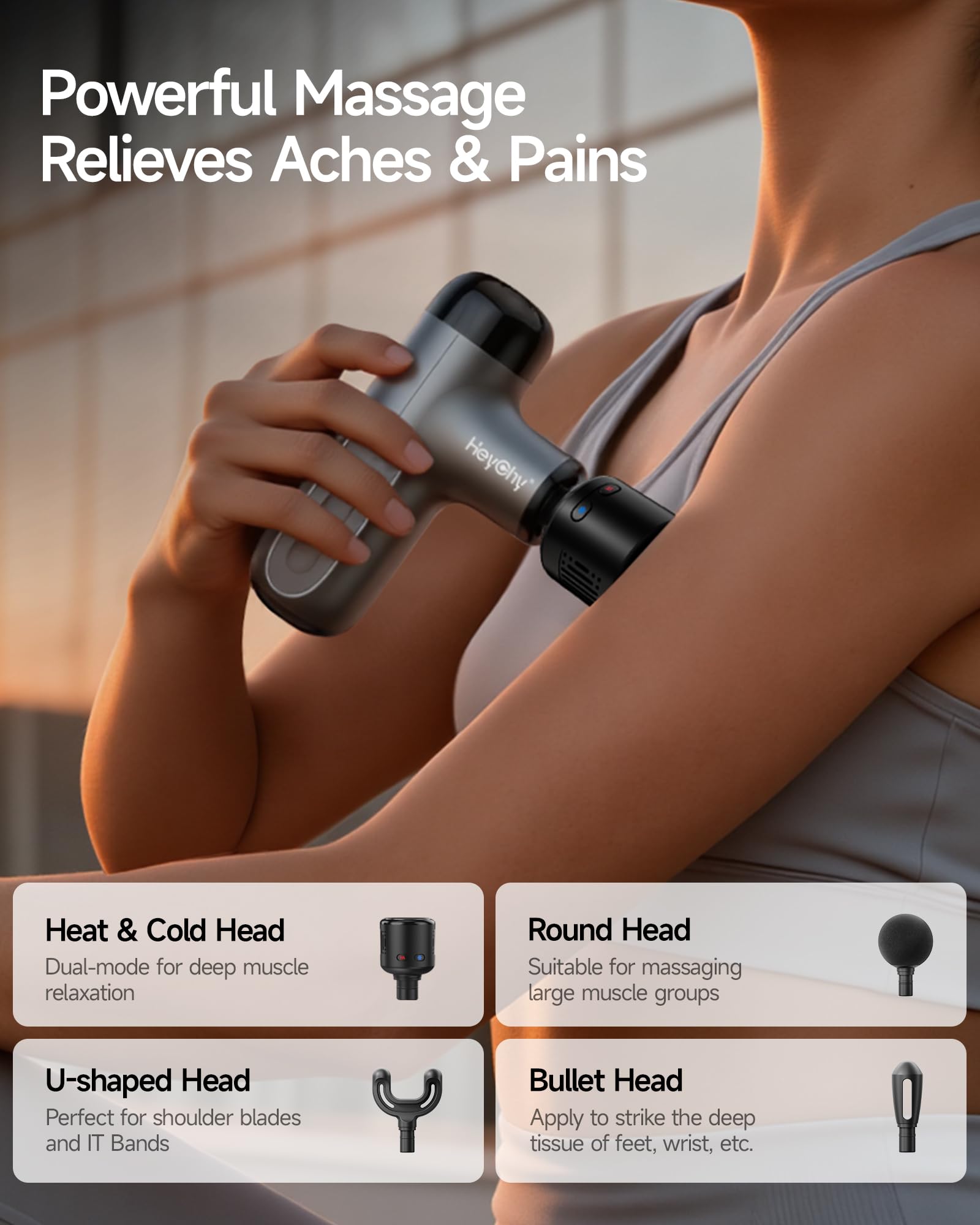 HEYCHY Mini pistola de masaje con calor y frío, masajeador muscular de percusión portátil con 4 cabezales de masaje para deportistas