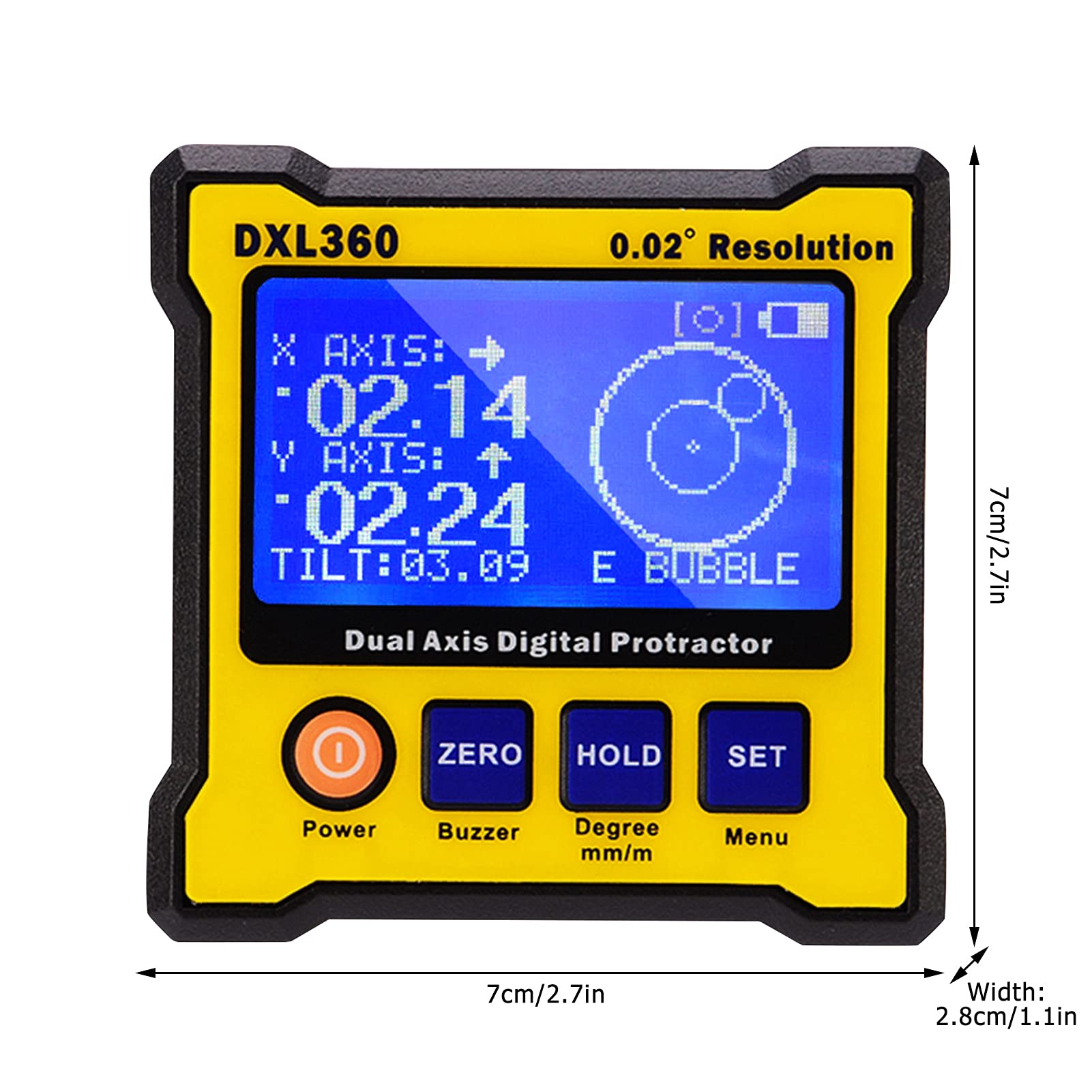DXL360 Level Box DXL360 Boîte de mesure de niveau à double axe, rapporteur numérique, inclinomètre, règle d'angle, élévation, 0,02 ° Outil de mesure précis haute résolution avec écran LCD