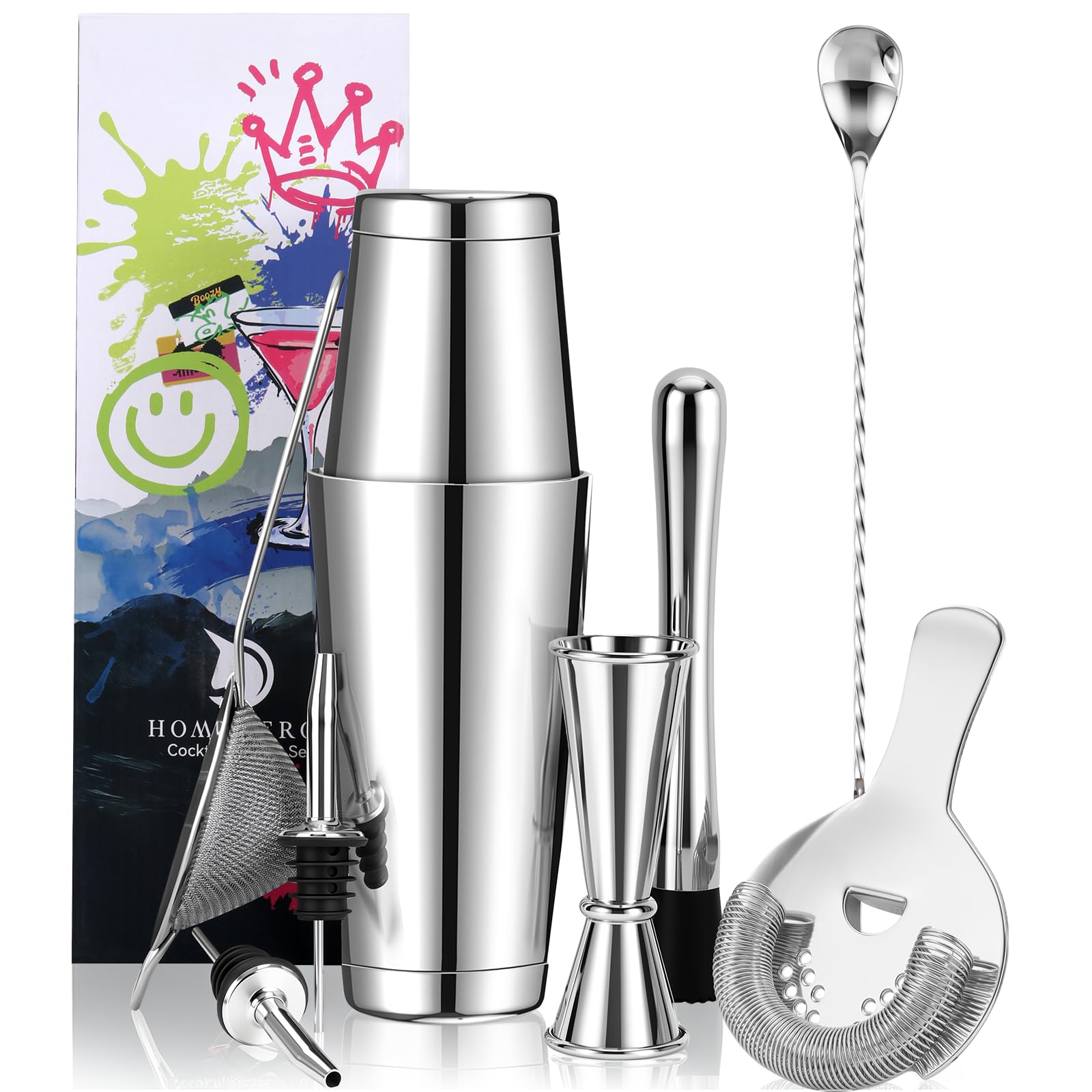 Juego de coctelera Boston de 550 ml y 850 ml, acero inoxidable 18/10, sin recubrimiento, accesorio de bar atemporal, apto para lavavajillas, para aficionados y profesionales, color plateado