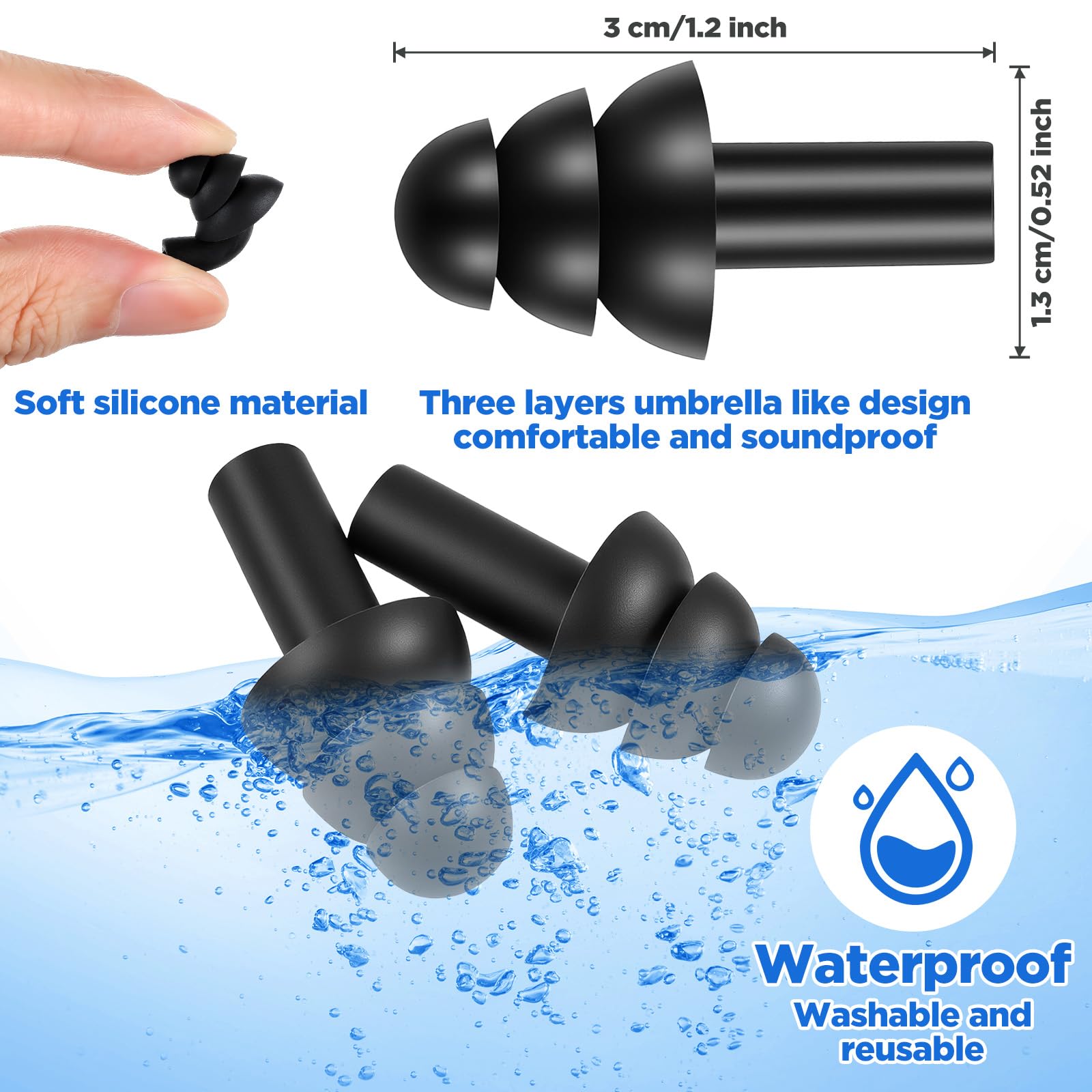 200 pares de tapones de silicona reutilizables impermeables para los oídos, cancelación de ruido, tapones de espuma suave, protección auditiva para natación, conciertos, tiro, viajes y
