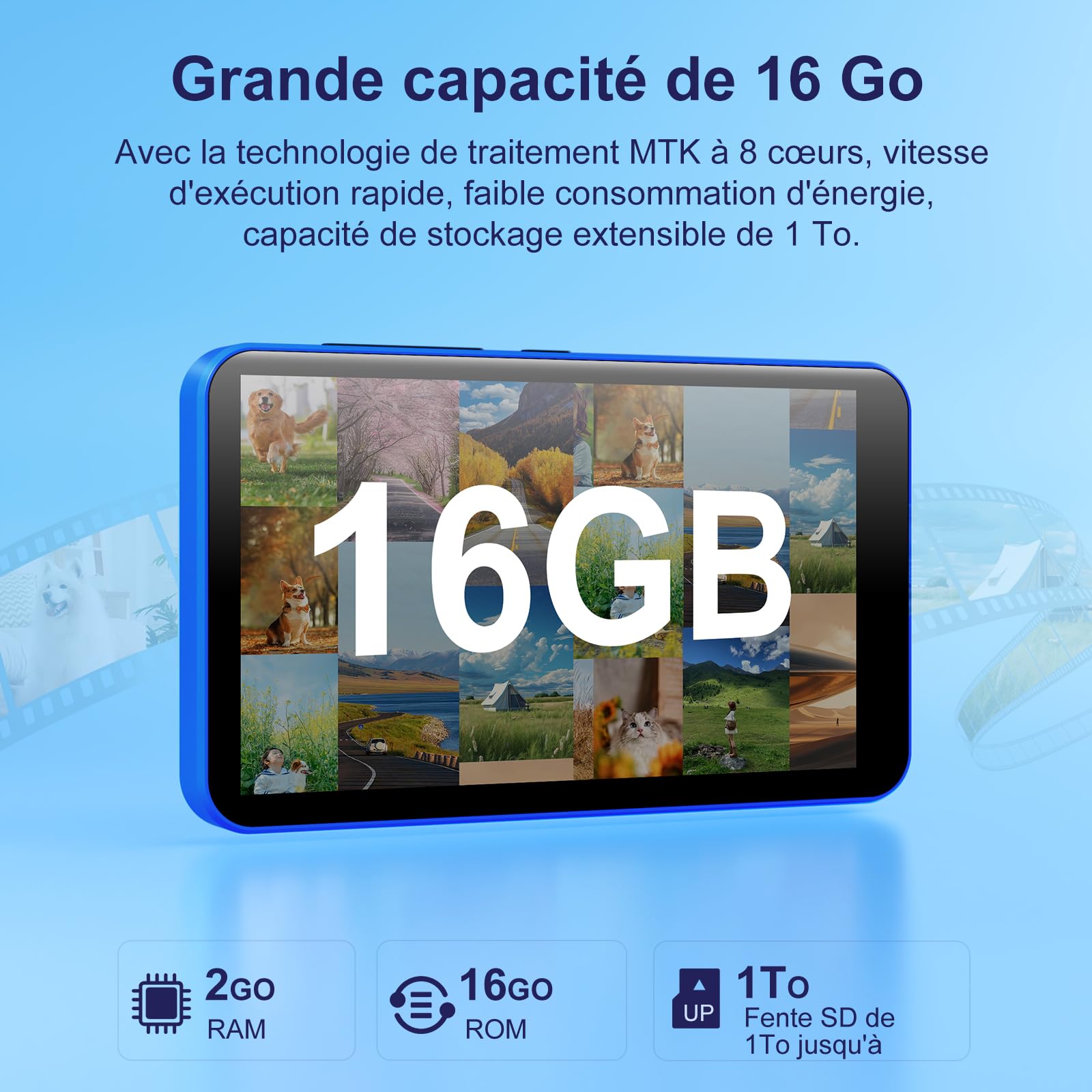 Lecteur MP3 16 Go avec Bluetooth et Wi-Fi, lecteur MP3 et MP4 Android avec écran tactile de 4 pouces et haut-parleur, lecteur de musique Spotify 2000 mAh avec Spotify Kids, Audible, Amazon