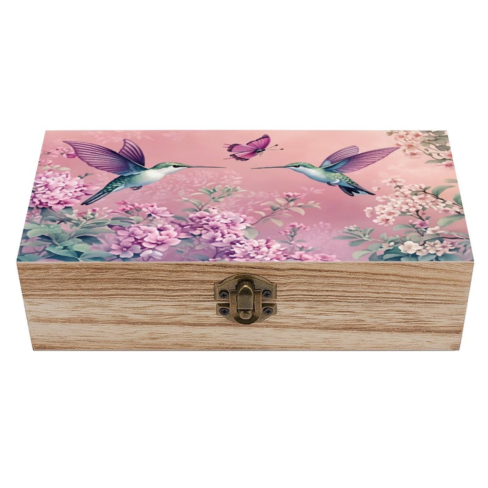 HLBSDM Hummingbird Flowers Vintage Wooden Keepsake Box with Hinged Lid And Locking Clasp, Decorative Storage Box for Jewelry, Trinkets And Small Accessories, Organizer for Home Or Wedding