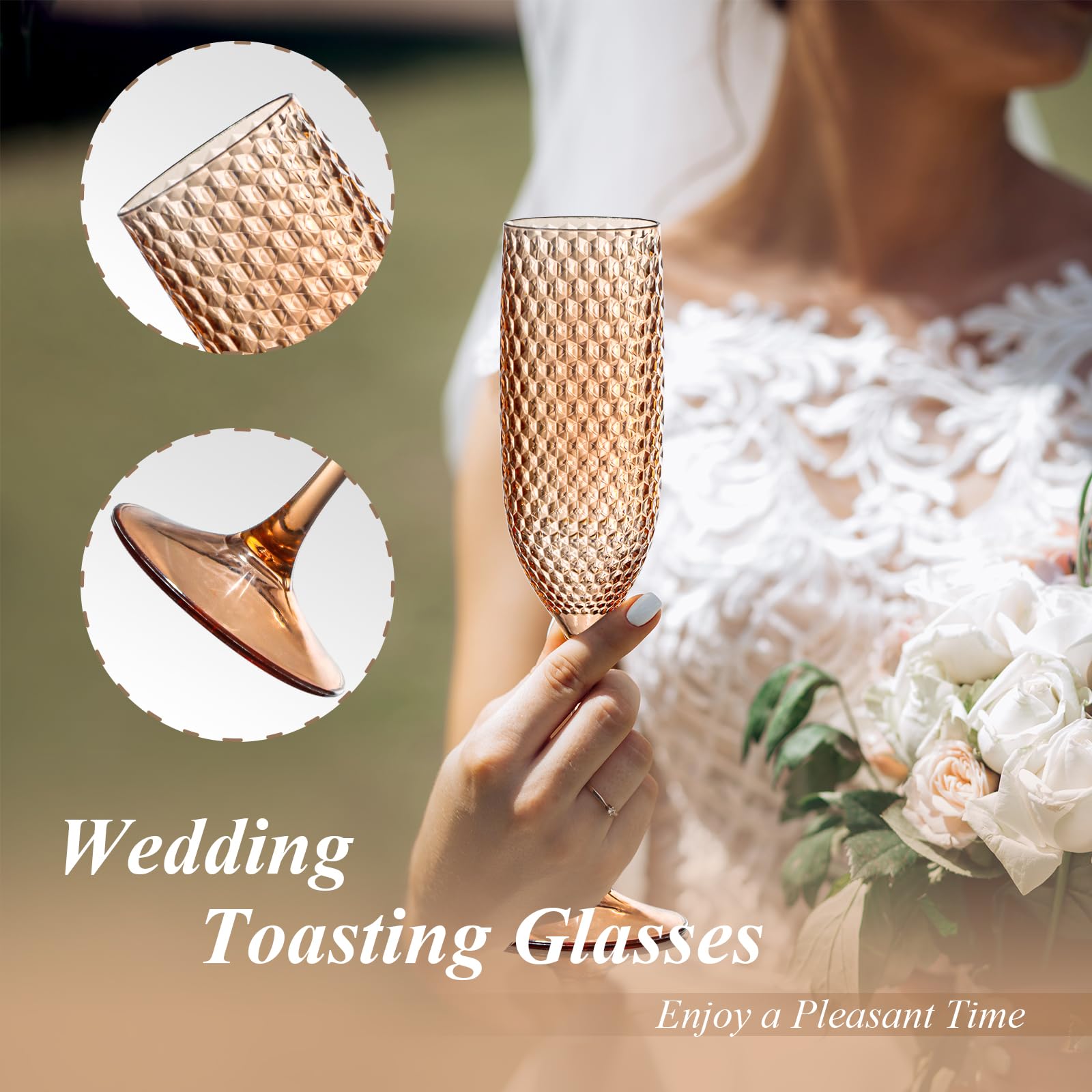 Champagnergläser aus Kunststoff, Rotgold, unzerbrechlich, für Hochzeit, Toastgläser, Diamant-Weingläser, kristallklar, Party, Weinbecher, Vintage-Trinkgläser, 156 ml, für Brautparty, 24 Stück