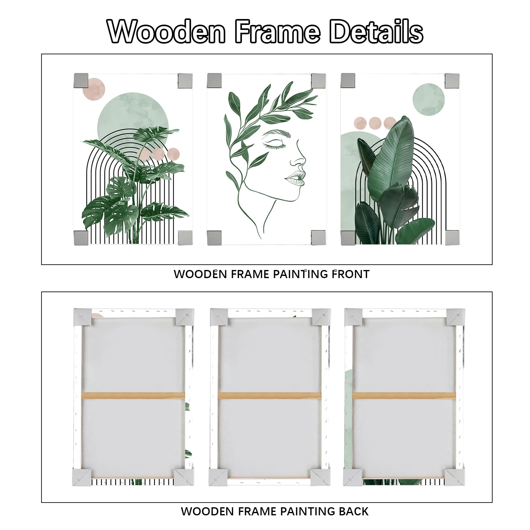 3 Pcs Wooden Framed Canvas Wall Art Set Bohemian Sage Green Canvas Prints Poster Geometric Line Beige Green Pictures for Living Room Bedroom Dinning Room Hallway Stairs Wall Decor 30x40cm x3pcs — view 67