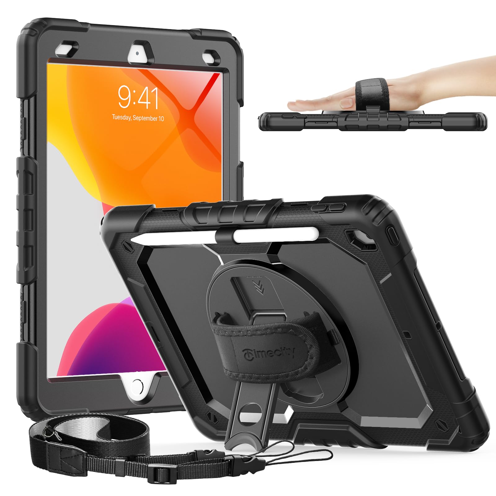 Timecity Case for iPad 9th/ 8th/ 7th Generation 10.2 inch - Heavy Duty Protective Cover with Screen Protector, Rotating Stand, Shoulder Strap & Pencil Holder | Kids-Friendly (Black)