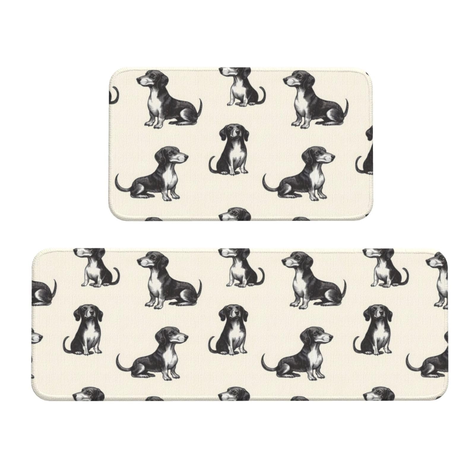 GVYGVY Antifatigue Kitchen Mats for Floor 2 Piece - Retro Sausage Dog Print Kitchen Rugs Washable, Non Slip Runner Rug Standing Mat for Office/Bathroom/Laundry/Home Decor and Accessories