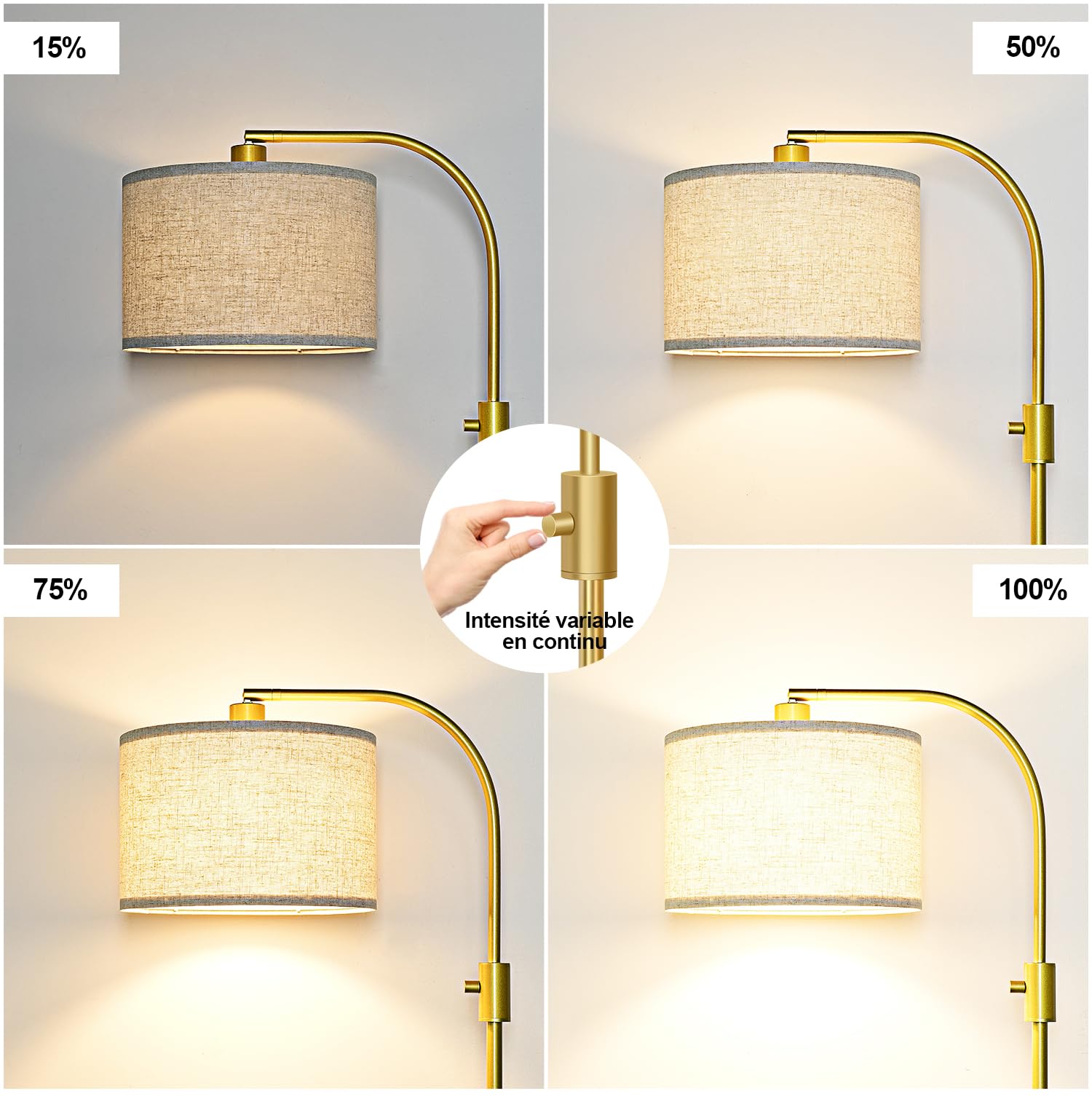 Nintiue Lampadaire arc variateur, 1200 lm ampoule LED incluse, lampadaire sur pied salon, avec abat-jour beiges et base lourde, pour salon et chambre à coucher