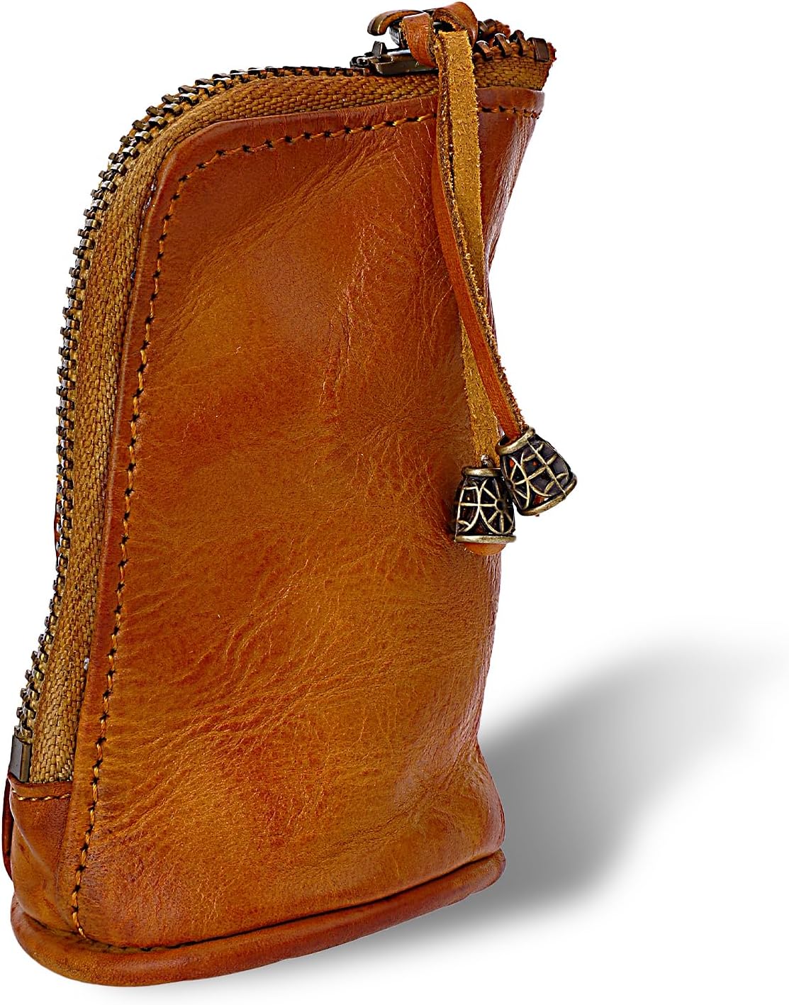 Vintage Genuine Leather Zipper Coin Purse, Medieval Cowhide Change Holder Coin Pouch Wallet Coin Organizer With Key Ring Little Travel Wallet for Men(Brown)