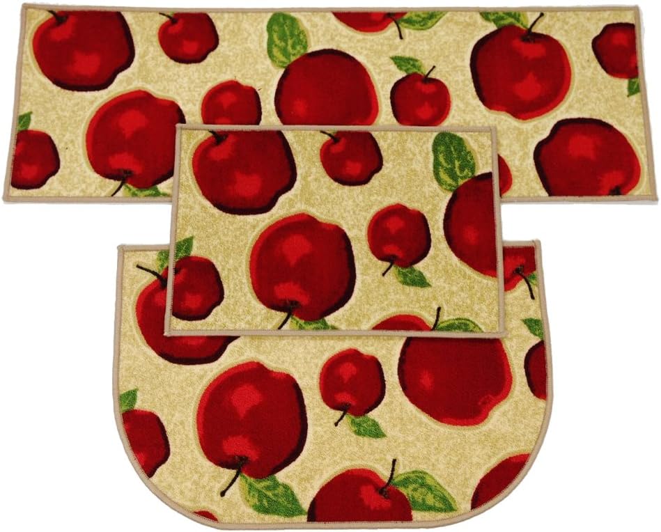 Wolala Home 3 Piece Sets Rubber Backing NonSlip Red Apple Kitchen Rug and Carpet