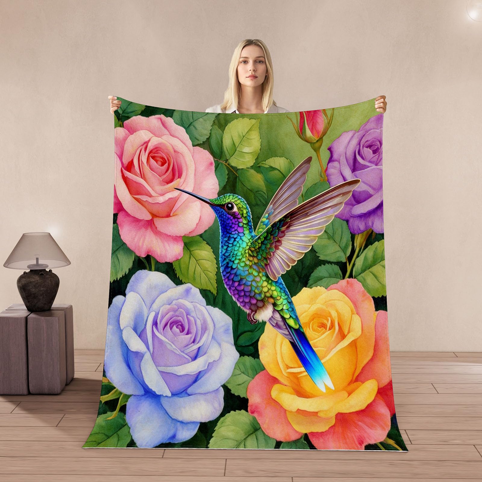 Couverture colibri plaid microfibre 100x130cm flanelle chaude fleurs oiseaux canapé