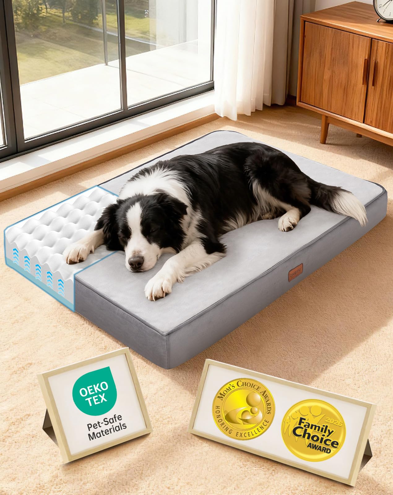 OhGeni Orthopedic Waterproof Med Large Dog Bed, Memory Foam, 36 inch(Gray)