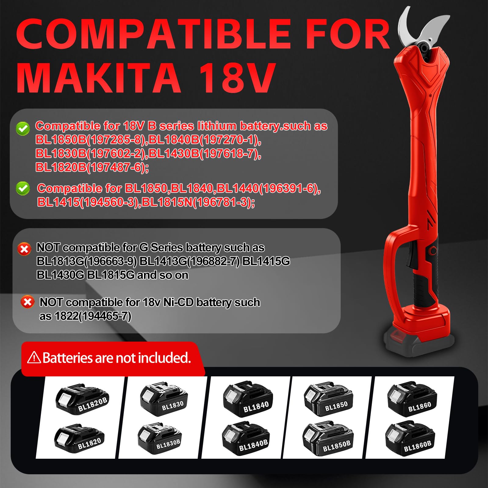 Coupe-branches sans fil compatible avec batterie Makita 18 V (sans batterie), sécateur électrique sans balais avec 2 vitesses, diamètre de coupe 40 mm, longueur 56,5 cm, pierre à aiguiser et lames de