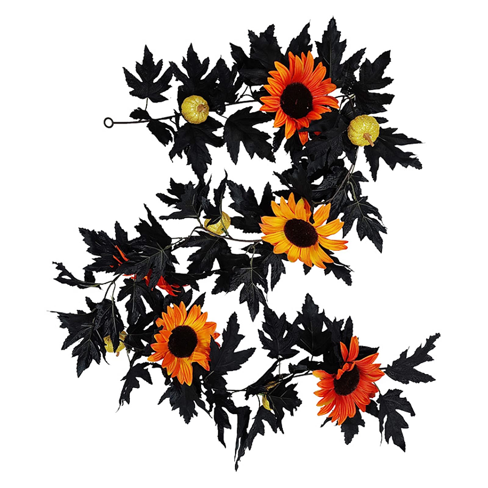 Artificial Black Maple Leaf Vine with Sunflower and Pumpkin, Hanging Fall Leave Vines Artificial Autumn Foliage Garland for Thanksgiving Home Wedding Party Decor (6FT)