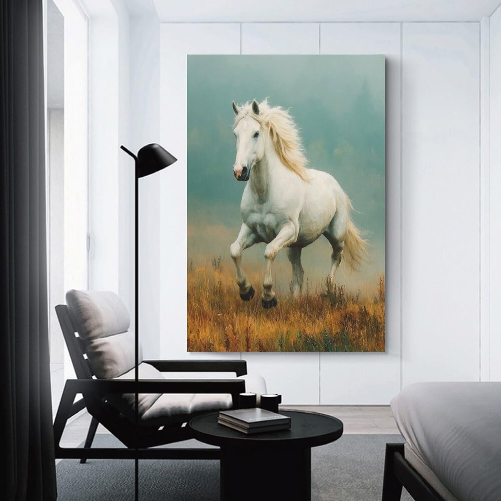 Junmoney Hanging Wall Art White Horse Galloping in Field, 24x36inch(60x90cm), for Small Homes, Bedrooms Or Open Spaces, Wall Decor with Flexible Room Appeal