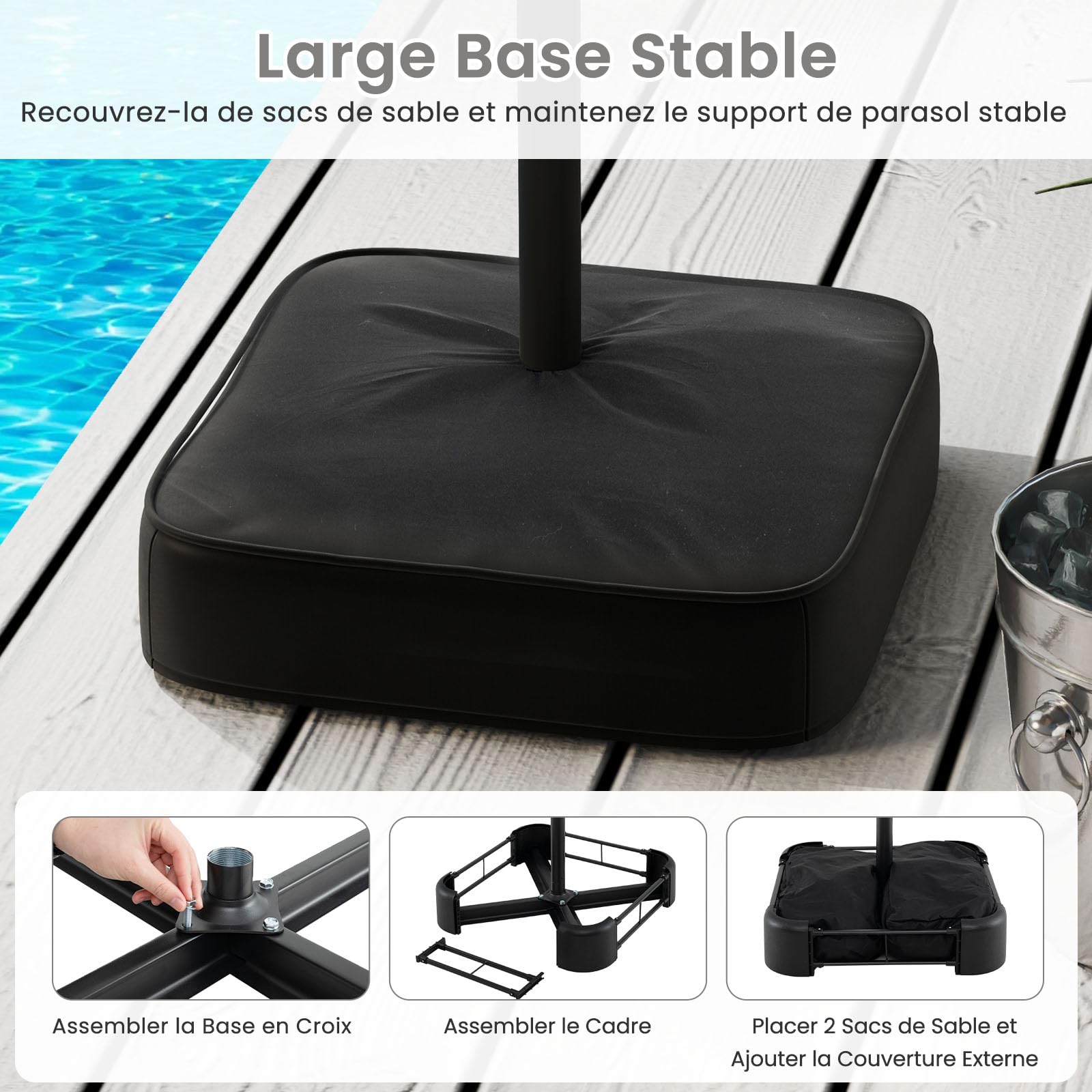 COSTWAY Parasol de Jardin Extérieur XXL avec Pied, Double 4,5 m, 12 Baleines en Métal, 2 Sacs de Sable, Manivelle, Grand Parasol pour 6 Personnes, pour Terrasse, Jardin, Piscine (Gris)