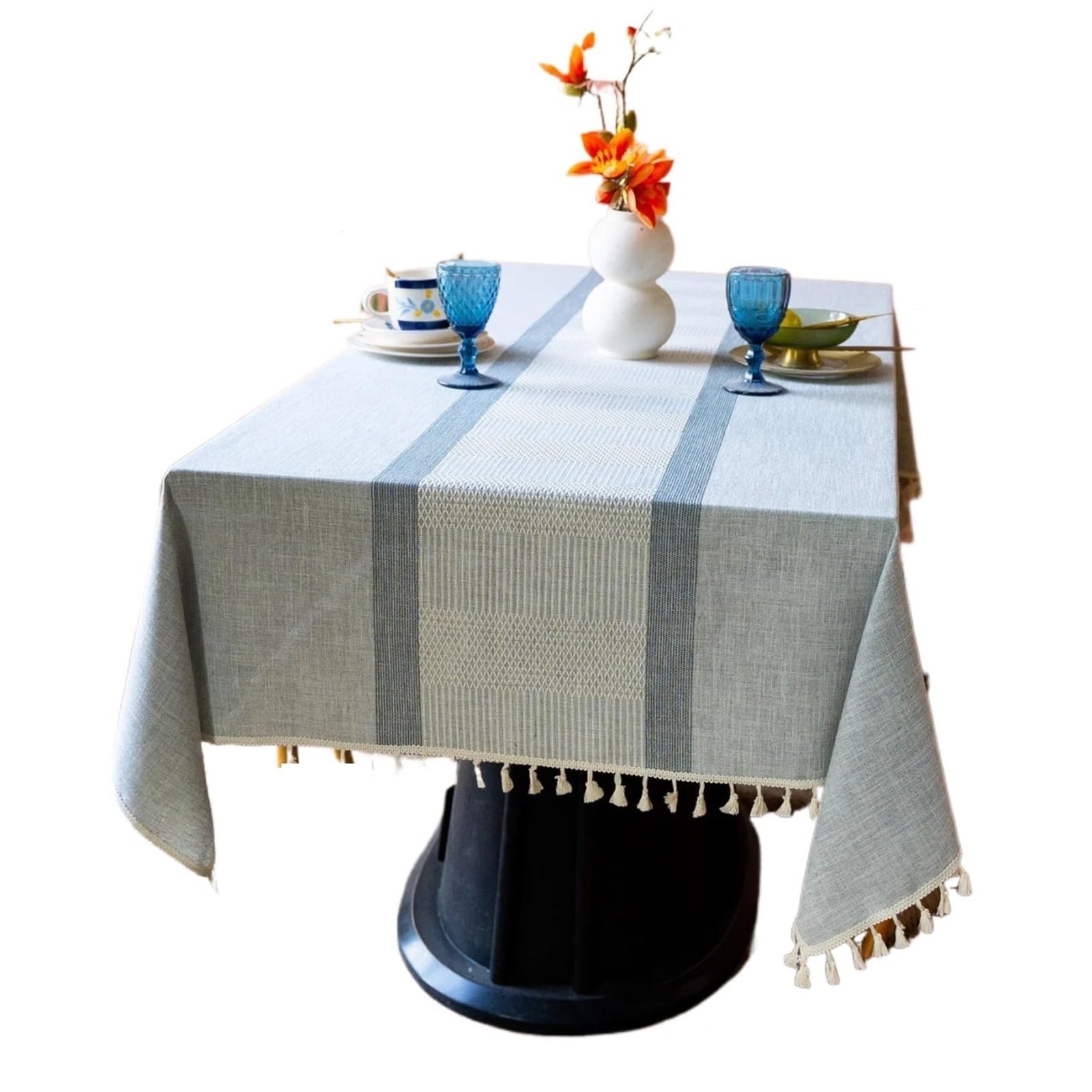 FonHNDG Striped Tablecloth Mesh Tassel Tablecloth Coffee Table Cloth Household Cotton Linen Simple Rectangular Symmetrical Striped(Blue,140 * 220cm)