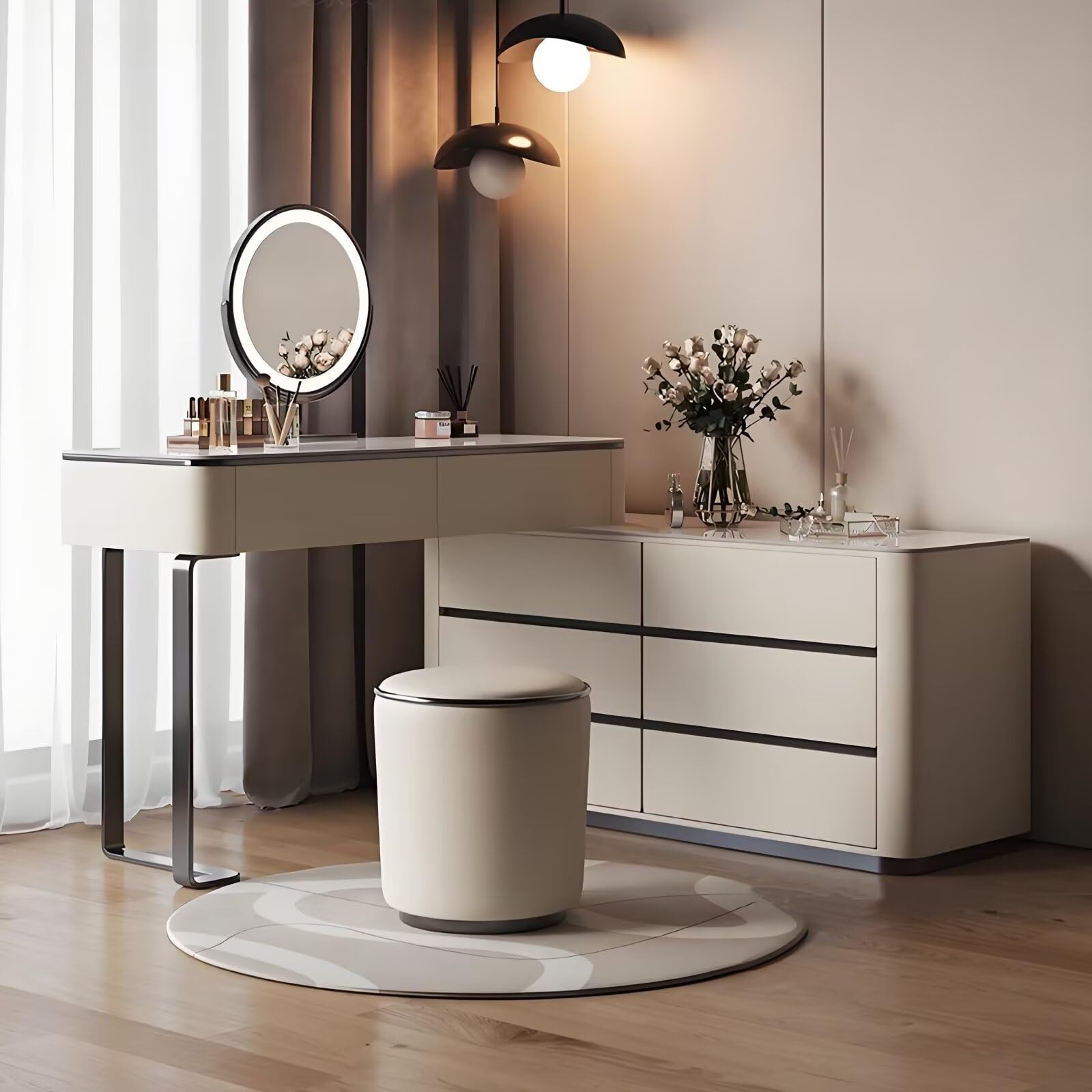 Luxury Leather Vanity Desk with 8 Drawers & LED Mirror