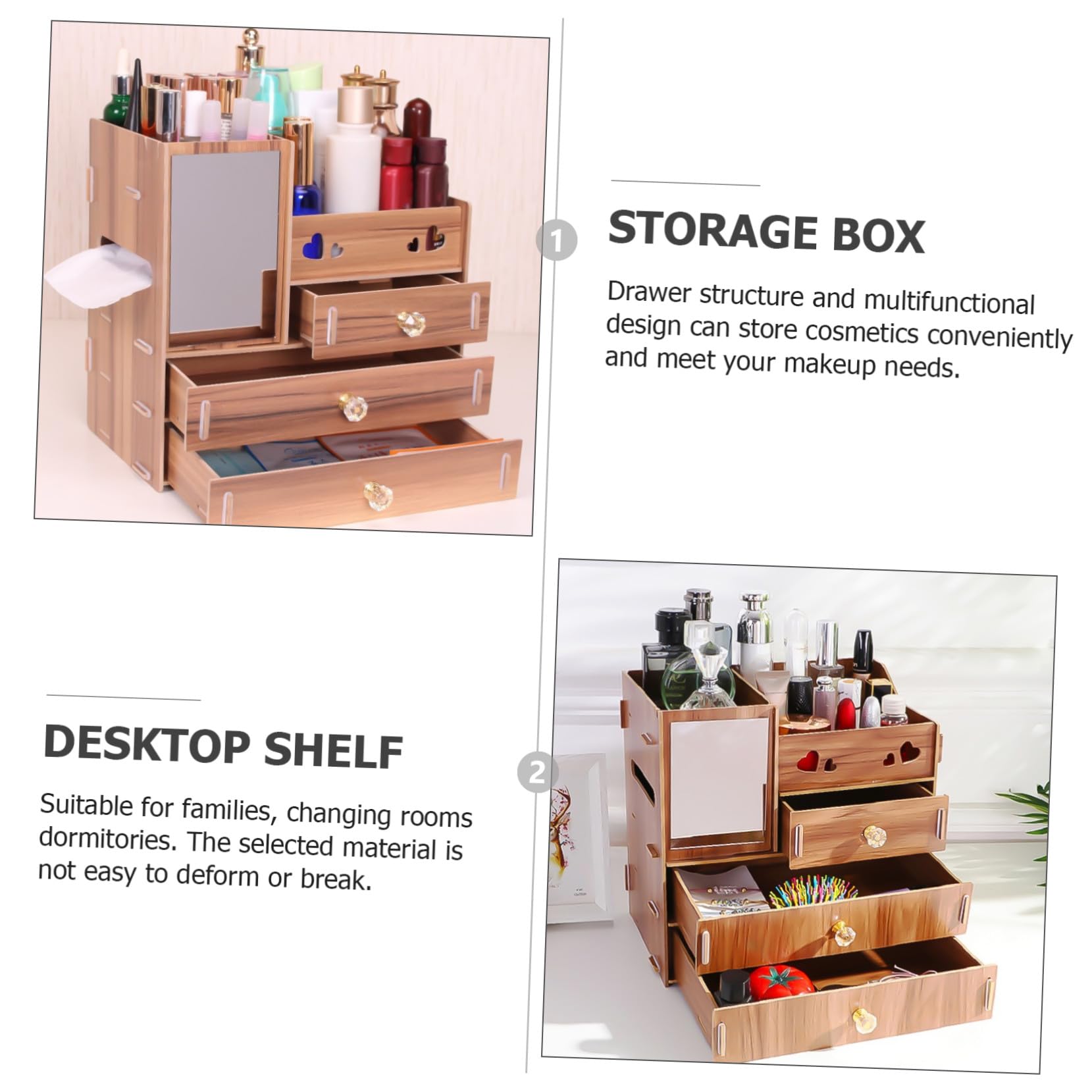 Boîte de Rangement Cosmétique en Bois Miroir et Tiroirs