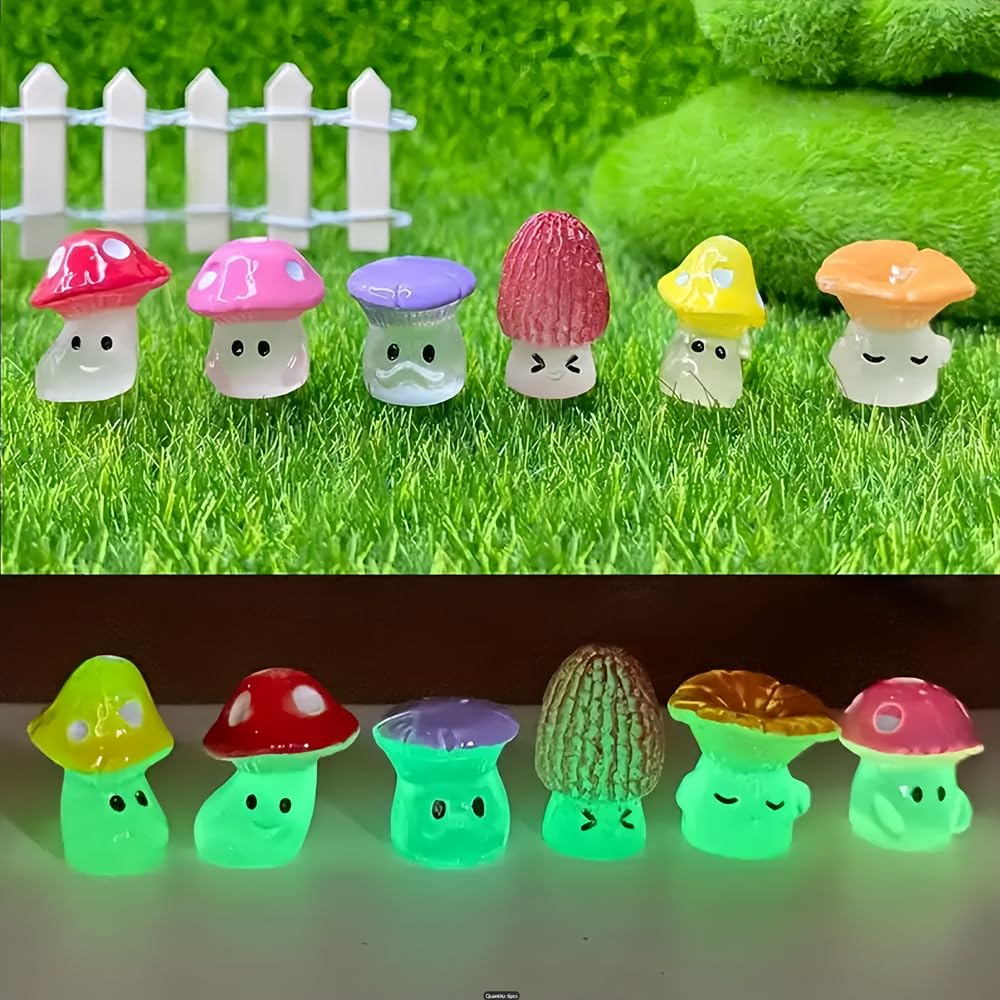 Honiweer 12 PCS Luminous Resin Cute Cartoon Wild Mushrooms Statue Decoration, Miniature Fairy Garden Accessories,Used in Rooms, Courtyards, Gardens,