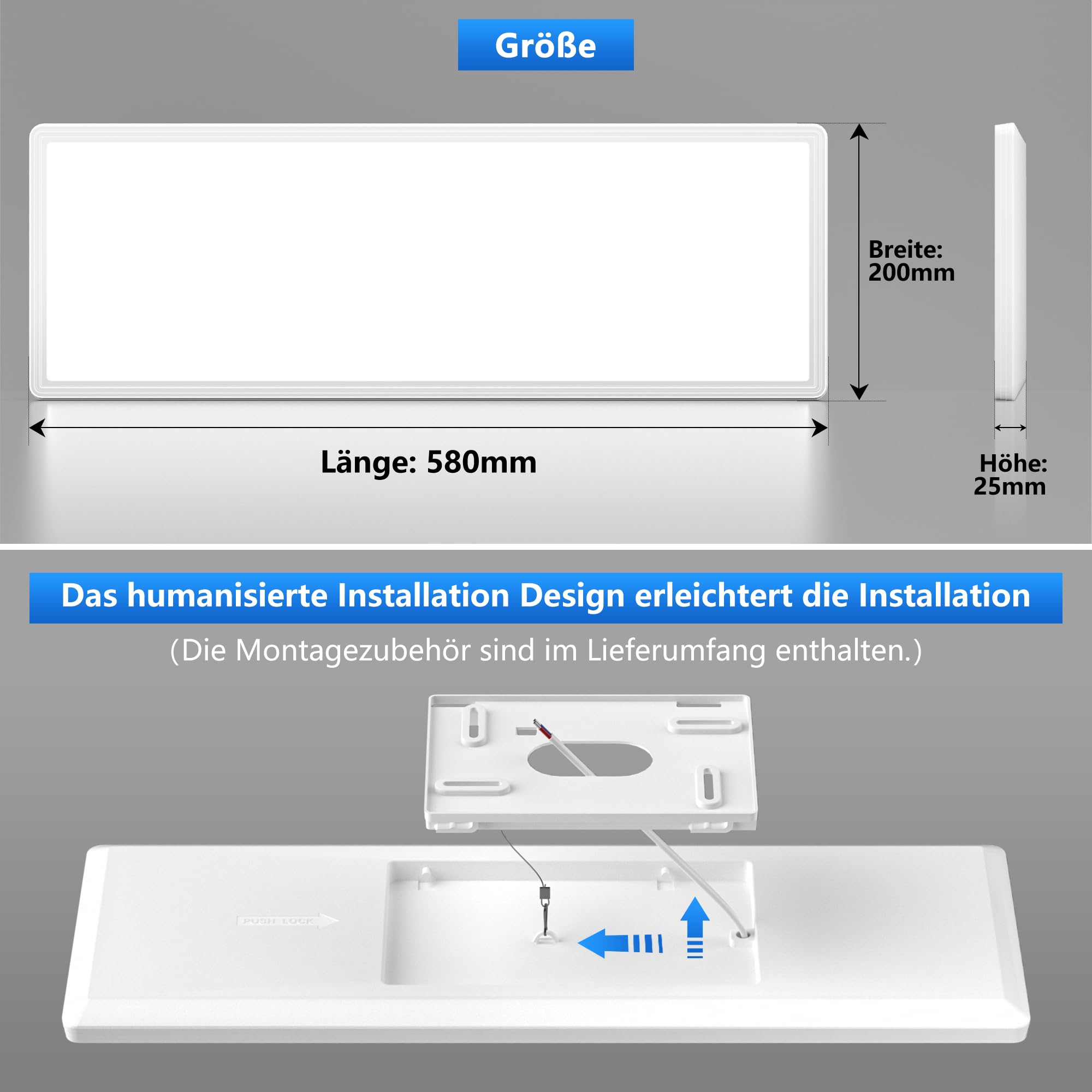 Deckenlampe Led Deckenleuchte Flach Lampe - LED Deckenlampe, Led Panel Rechteckige 24W 2500LM Decke Leuchten für Büro Küche Wohnzimmer, 4000K Neutralweißes Licht Backlighteffekt 580x200x25mm (LxBxH)