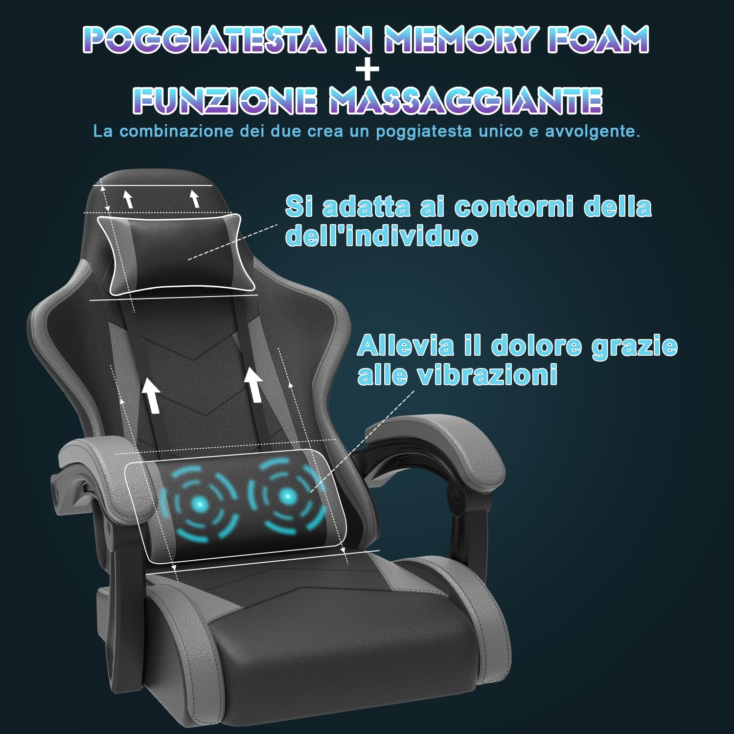 Devoko Sedia da Gaming Massaggiante con Poggiapiedi Telescopico, Sedia Gamer con Cuscino Lombare Massaggio & Poggiatesta, Ergonomico Sedia da Ufficio Schienale Regolabile 90-135° Portata 150kg(Grigio)