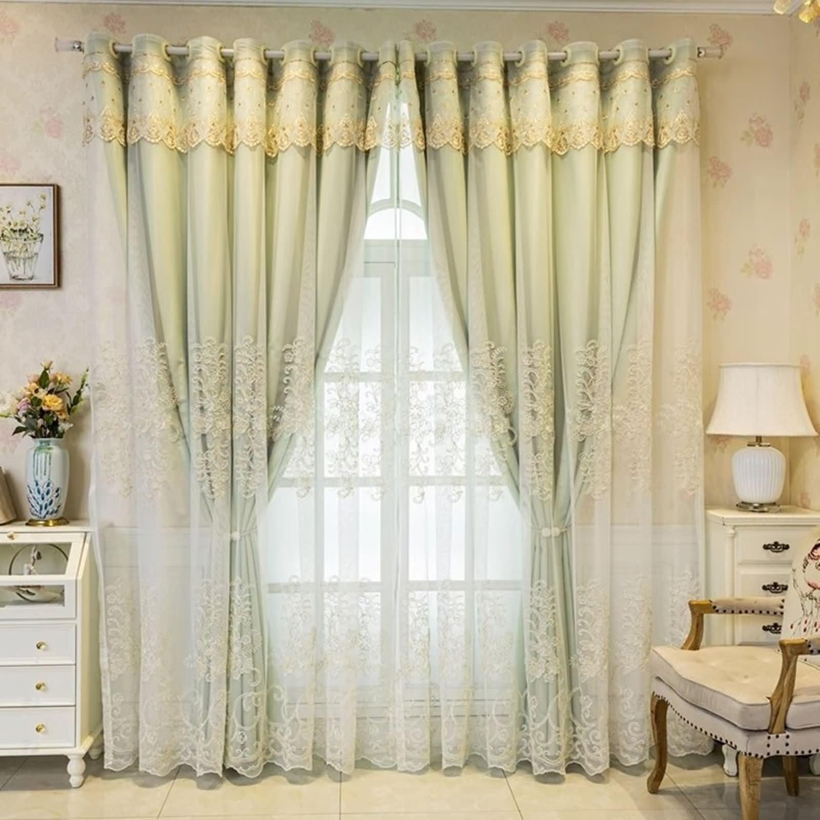 Zasłony zewnętrzne zaciemniające, zielona zasłona okienna do sypialni dwuwarstwowa koronka haft poliester zestaw 2 szt. 102 W x 244 l cm