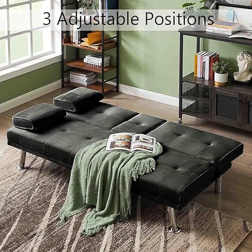 Miniatura 9 de Sofá cama futón de terciopelo con 2 portavasos y reposabrazos extraíbles, moderno sofá cama convertible con patas de metal, sofá biplaza tapizado,