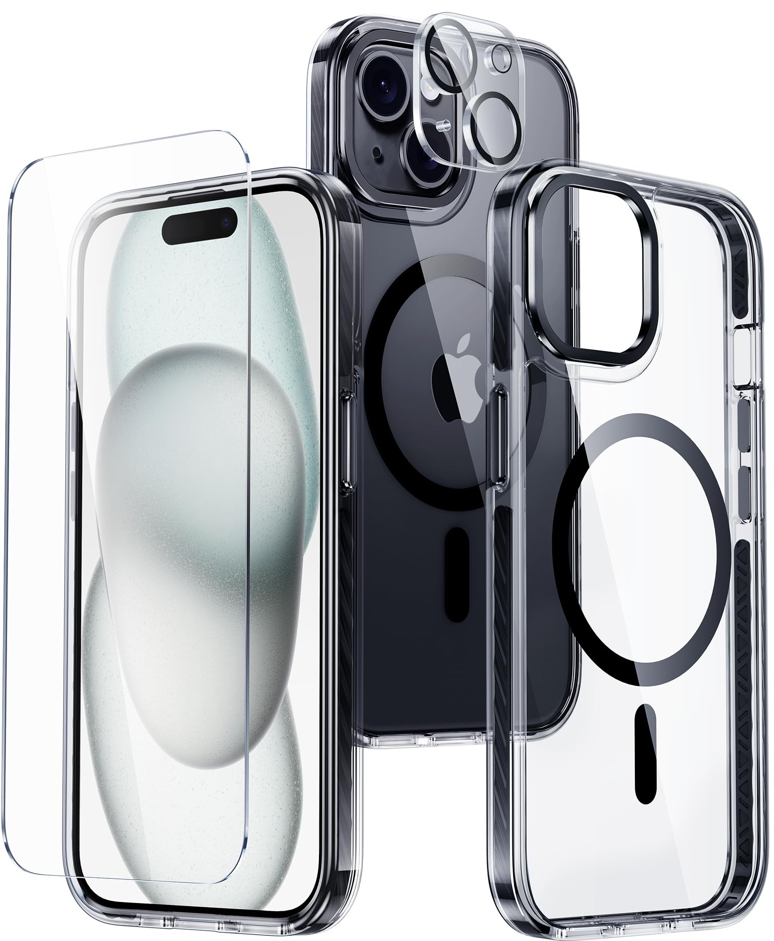 FNTCASE for iPhone 15 Plus Case: Clear Case with Magnetic Circle,Metal Button,Built-in Shockproof TPU,Military Grade Drop Protection Shell Durable Full Body Protective Cell Phone Cover - 6.7 inch