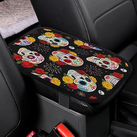 Sugar Skulls Flowers Car Center Console Decor Handrail Armrest Box Cushion Interior Covers Car Protector Pad Lid Cover Accessories Universal Fit for Auto Truck Vehicles