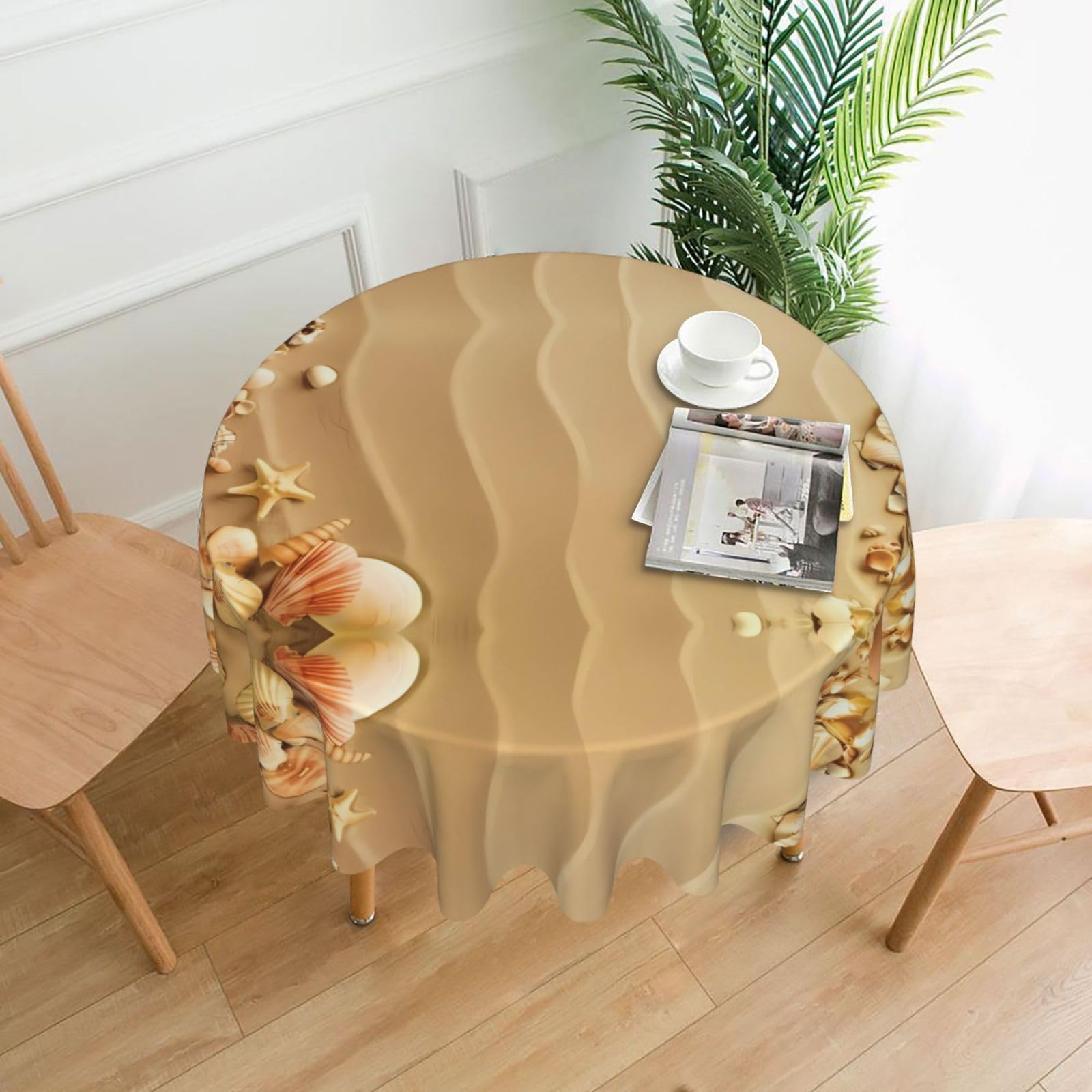 YYHHAOFA Beach Sea Shell Sand Prints 60in Round Decorative Tablecloth – High-Grade Polyester Throw Cover for Dining, Parties, and Outdoor Events