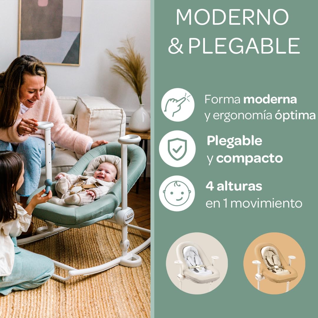BÉABA, Hamaca, Hamaca Up&Down +, 4 alturas, 3 reclinaciones, Ajustable por simple presión, Plegable, Reductor de nacimiento, Asiento 100% Algodón, Acabado Premium, Arnés de 5 puntos, Patentado, Lichen