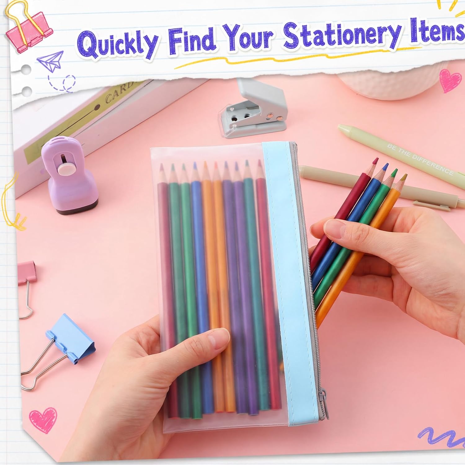 25 Pack Clear Pencil Pouch 7.3" x 3.9" Durable PVC Material Waterproof Colorful Pencil Case with Zipper Multifunctional Transparent Stationery Bag for Office Travel Supplies