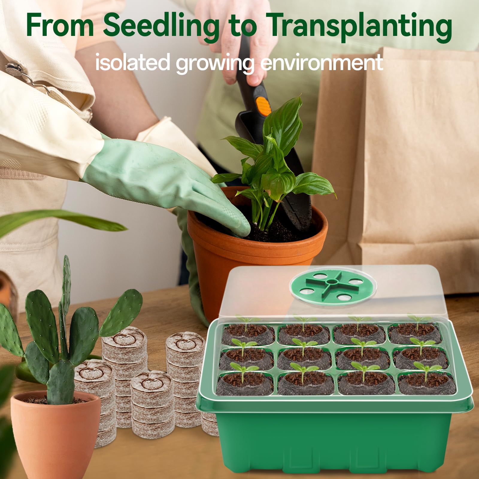 Halatool - Paquete de 8 bandejas de iniciación de semillas con 100 pellets de turba, 96 células, bandejas de germinación de plantas verdes para semillas orgánicas, vainas de tierra para plantar