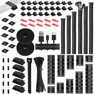 188 Stück Kabelmanagement Kits, 6 Kabelschläuche, 10 Silikon Kabelhalter, 20+2 Kabelbinder Selbstklebend, 40 Kabelklemmen Groß, 100 Kabelbinder, 10 Klebesockel für TV PC