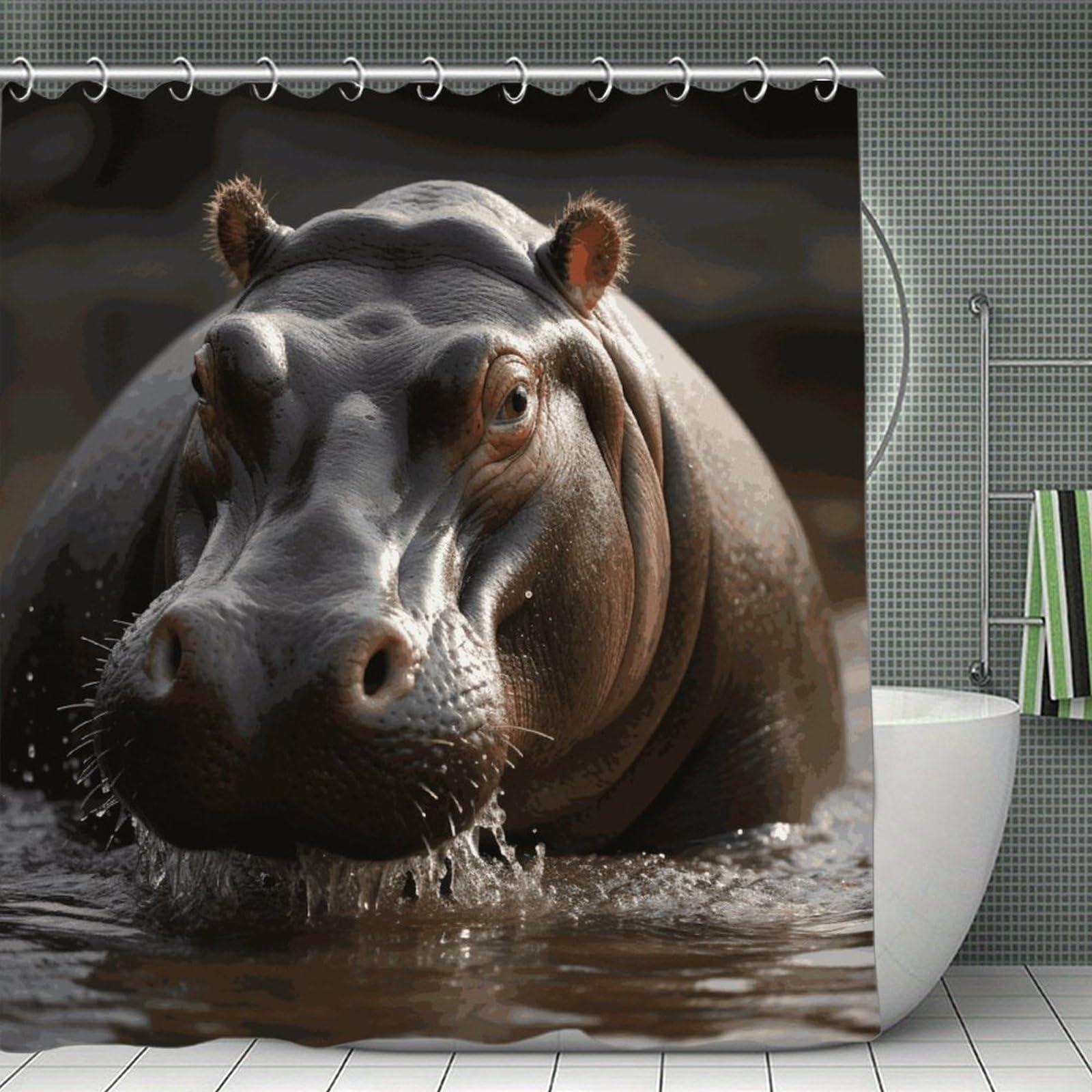 FekiLoot Hippo Shower Curtain with Hooks Modern Farmhouse Bathroom Curtain Waterproof Cloth Bath Curtains Cute Washable Blackout Privacy Curtains for Bathroom Bathtub 70.8"x70.8"