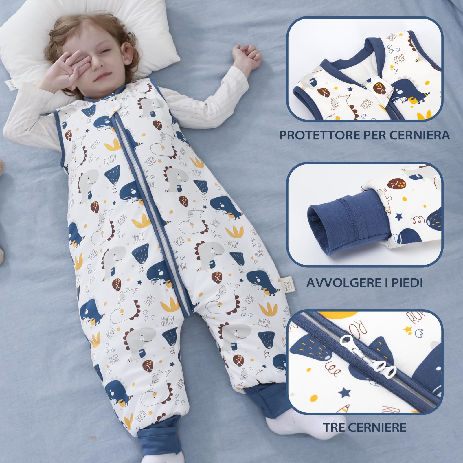 MIKAFEN Bambini Sacco nanna invernale con gambe 2,5 Tog,100% cotone,Sacco nanna con piedini,85-95 cm/18-36 mesi,Dinosauro