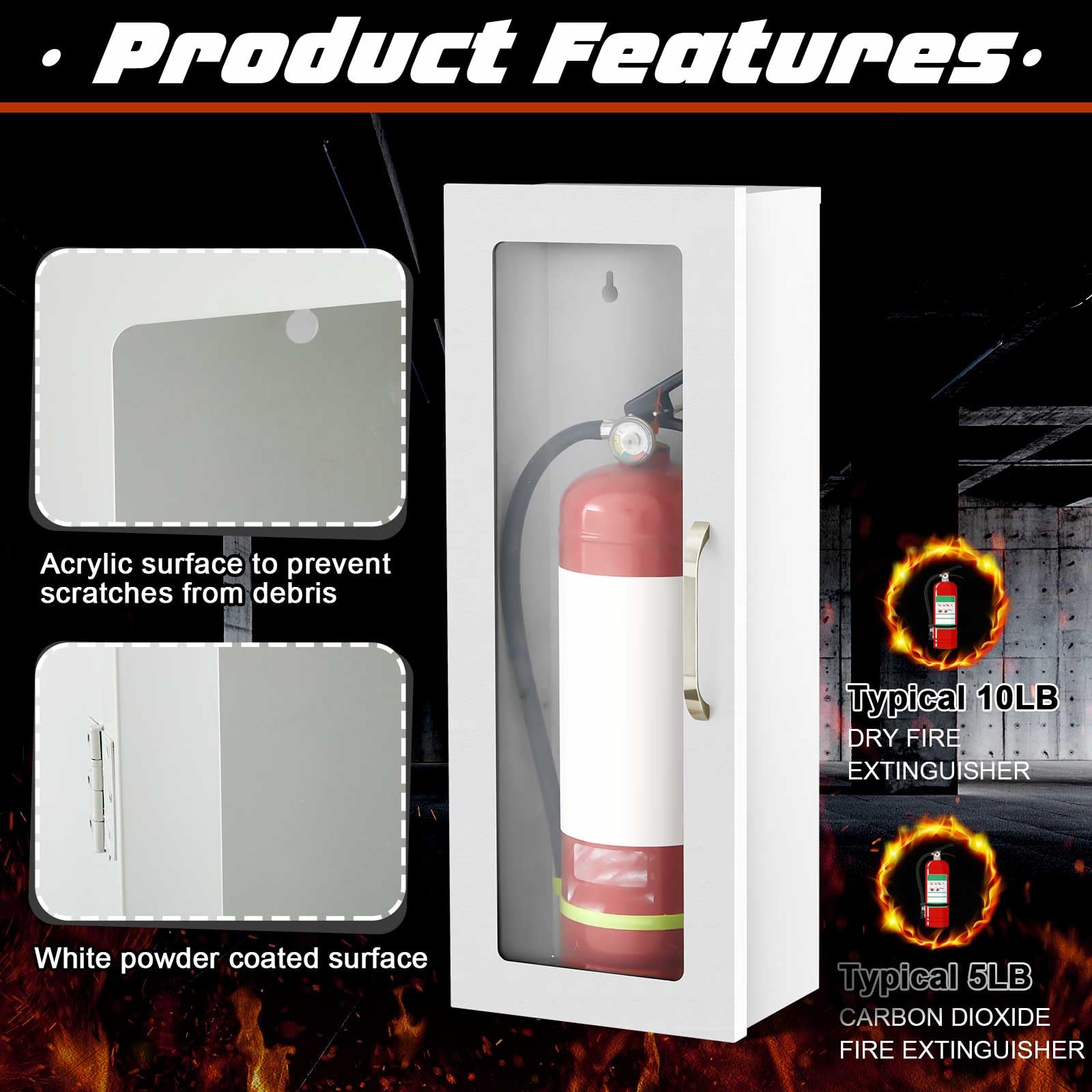 Zonon Feuerlöscher-Schrank, industriell vormontiert mit reflektierendem Schild, Oberflächenmontage, bruchsicheres Acrylglas für 4,5 kg trockene Chemikalien oder 2,3 kg Co2 (weiß)