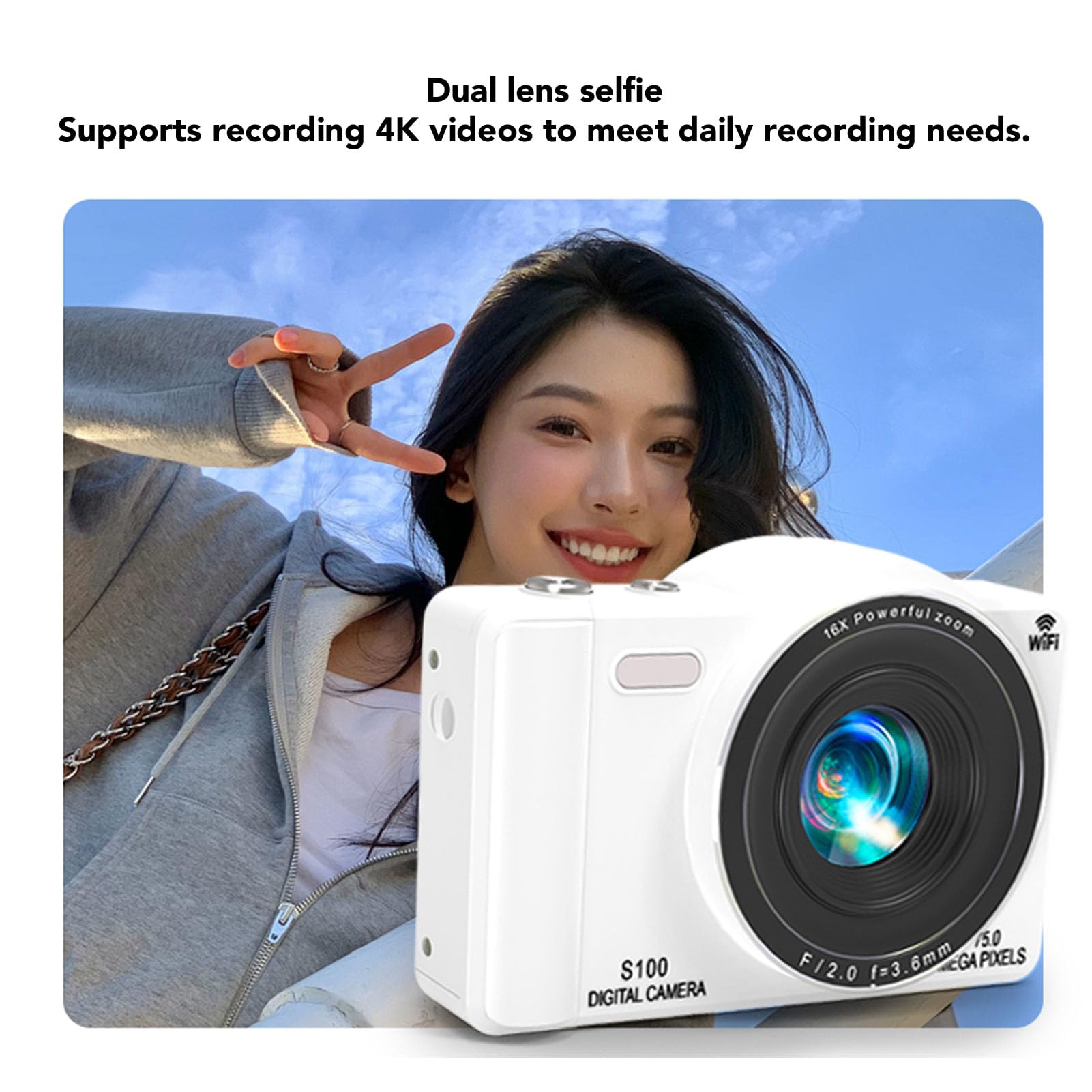 Bewinner Camera Digitale 4K per Fotografia, Fotocamera Vlog WiFi 75MP con Touchscreen da 2,8 ", 16x Zoom Digitale, Videocamere AutoFocus per Principianti (32GB)