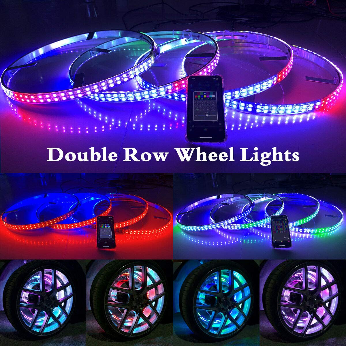 Hundalights 17.5'' 4PCS IP68 Brightest Double Row RGB+Dream Color Dancing Chasing Flashing Strobe Rim Tire Lights Light Up for Truck VEHICAL Bluetooth Ctrl Offroad Set