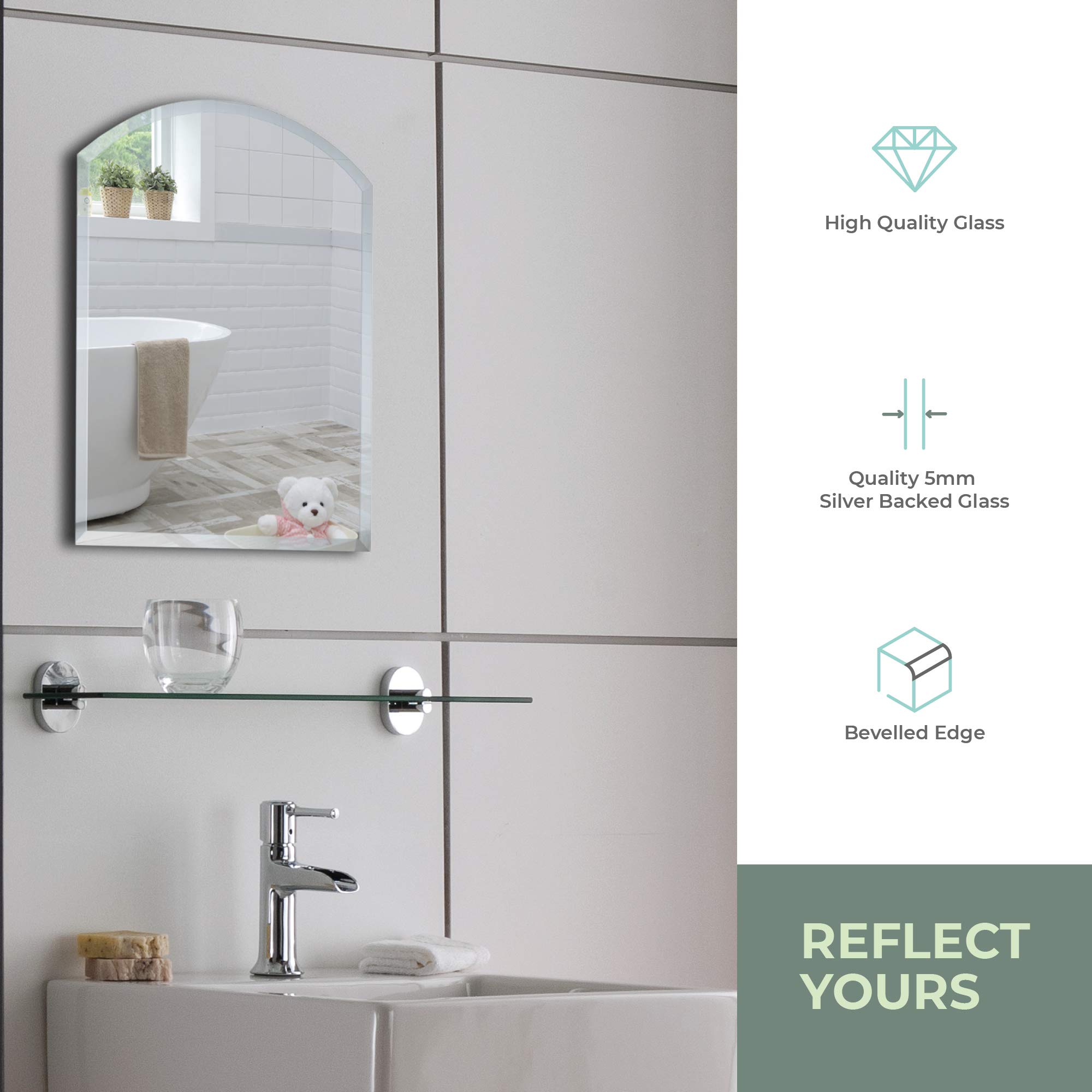 Neue Design Mood Bathroom Wall Mounted Mirror, (16 x 20 inch) Arch Simple, Elegant Design, Frameless with Contemporary Bevel Edges